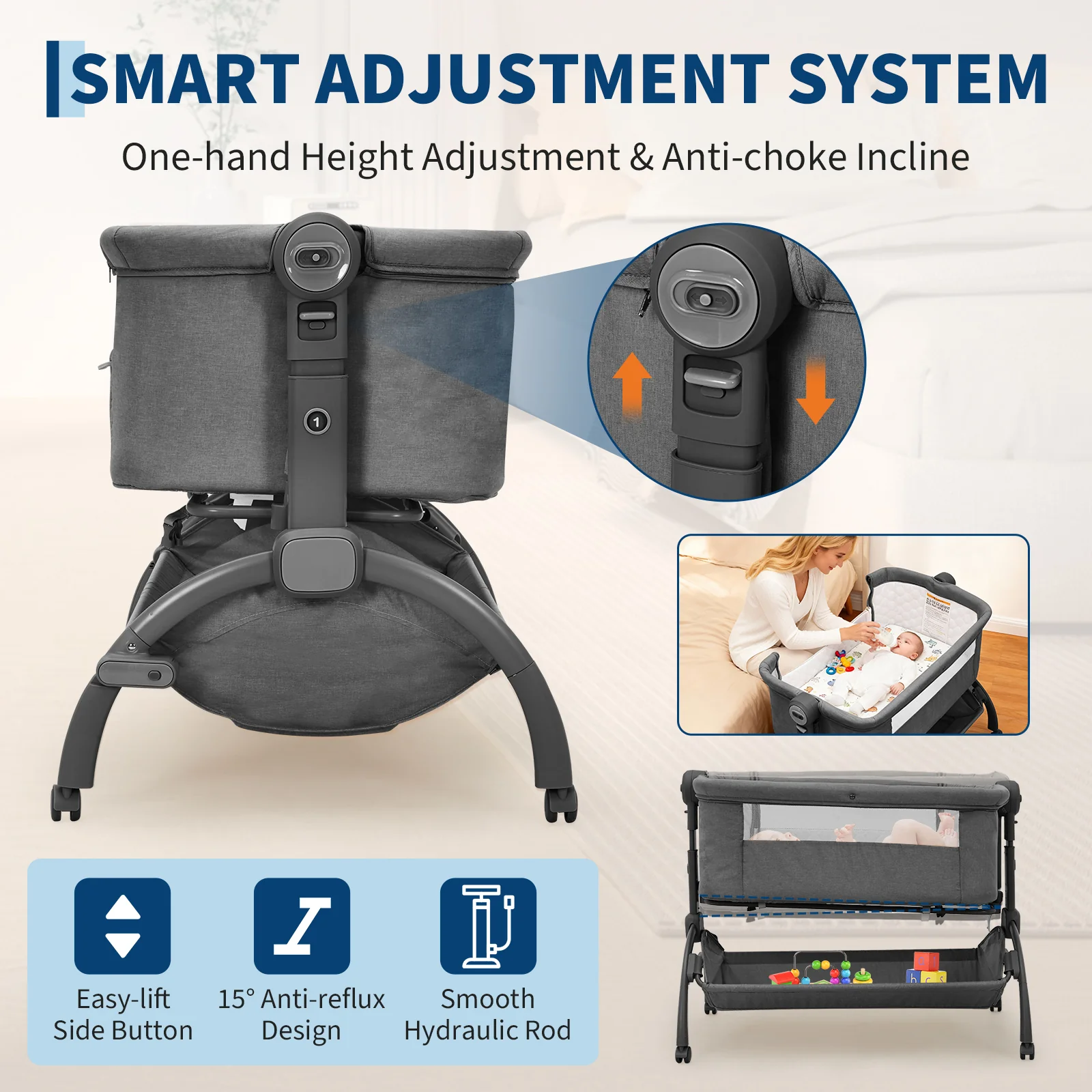 Garvee 3-in-1 Adjustable Bedside Baby Bassinet with Breathable Mesh, Wheels, Detachable Mosquito Net, Storage Basket and Collapsible Side for Newborns, Dark Grey - Image 4