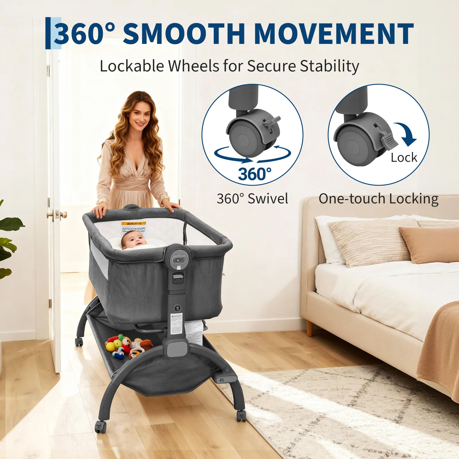 Garvee 3-in-1 Adjustable Bedside Baby Bassinet with Breathable Mesh, Wheels, Detachable Mosquito Net, Storage Basket and Collapsible Side for Newborns, Dark Grey - Image 5