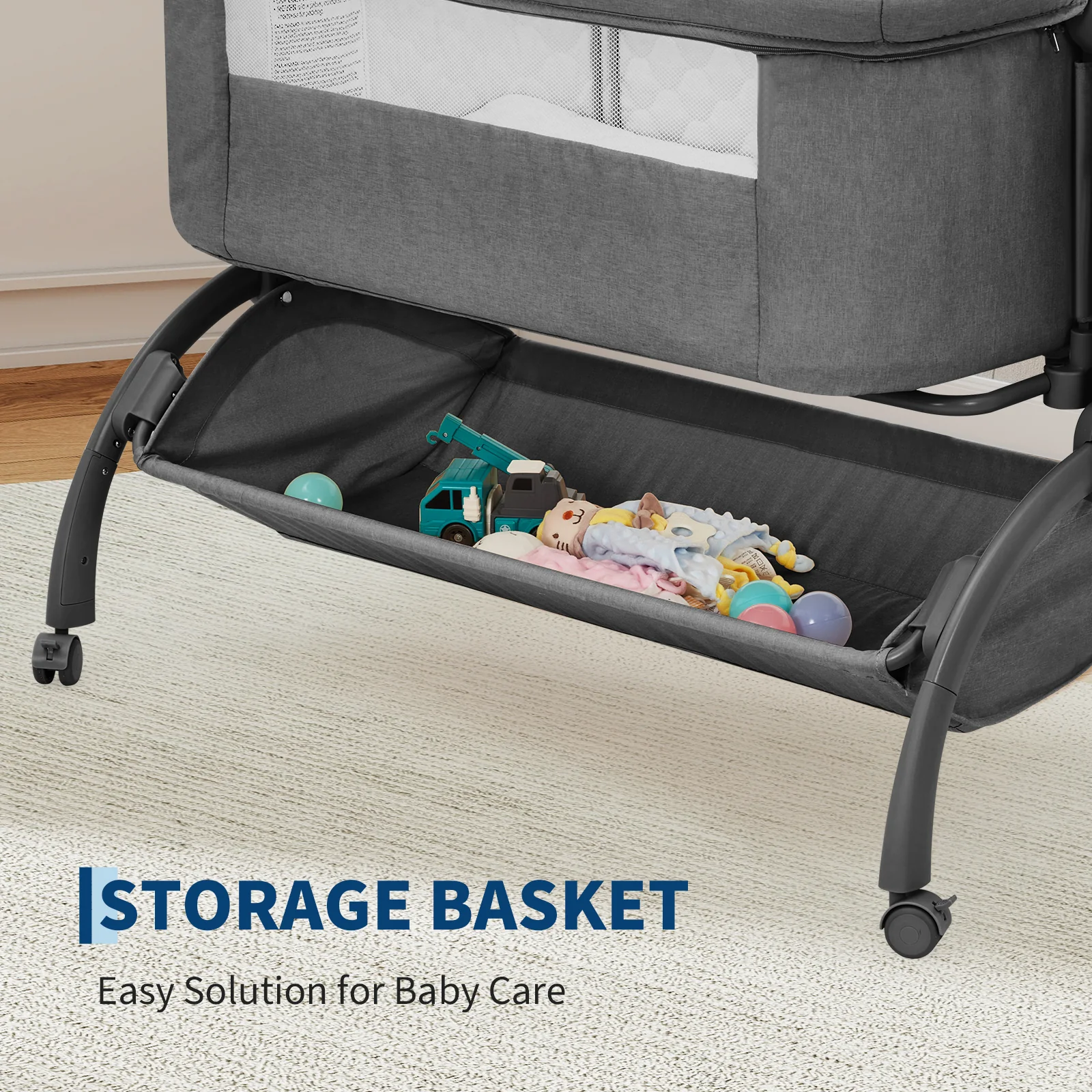 Garvee 3-in-1 Adjustable Bedside Baby Bassinet with Breathable Mesh, Wheels, Detachable Mosquito Net, Storage Basket and Collapsible Side for Newborns, Dark Grey - Image 6