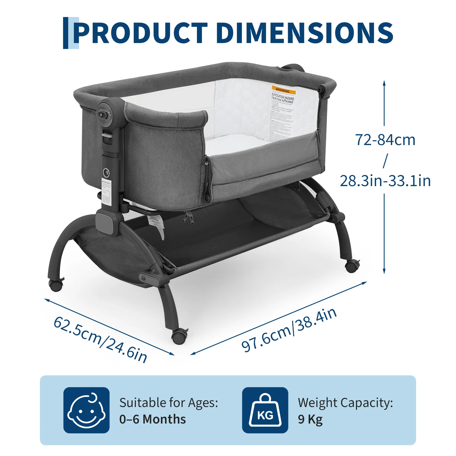 Garvee 3-in-1 Adjustable Bedside Baby Bassinet with Breathable Mesh, Wheels, Detachable Mosquito Net, Storage Basket and Collapsible Side for Newborns, Dark Grey - Image 7