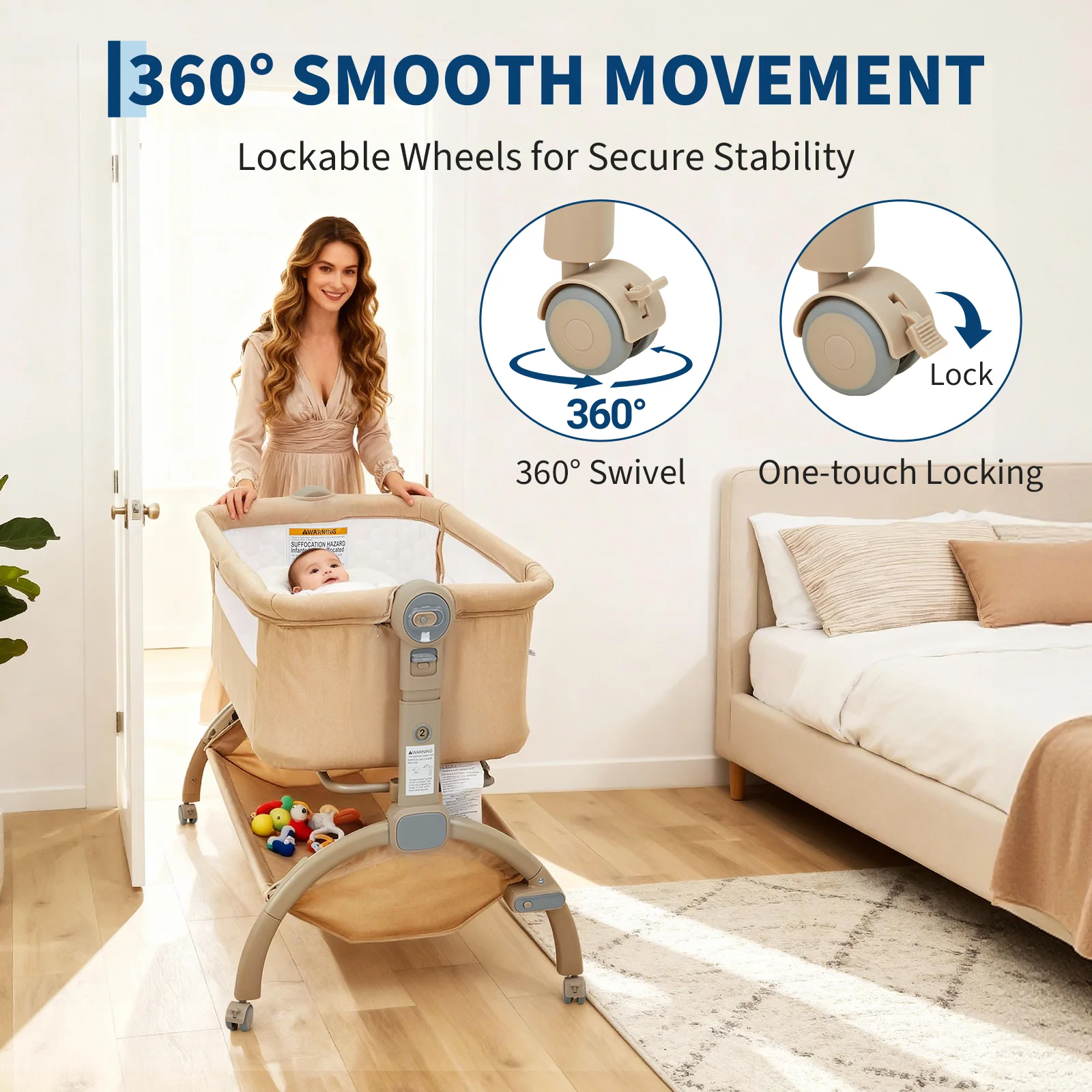 Garvee 3-in-1 Adjustable Bedside Baby Bassinet with Breathable Mesh, Wheels, Detachable Mosquito Net, Storage Basket and Collapsible Side for Newborns, Khaki - Image 4