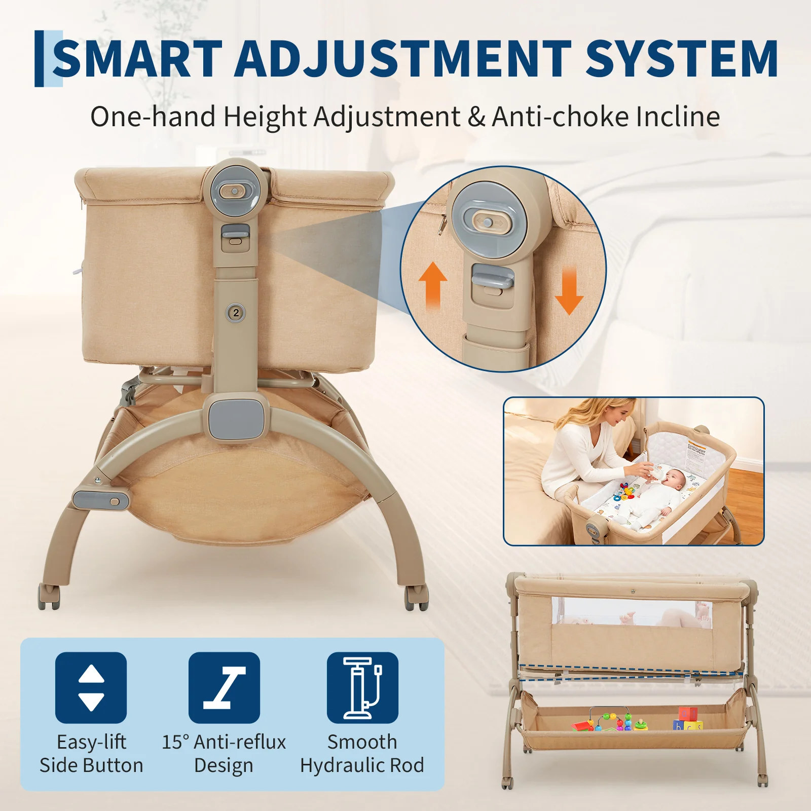 Garvee 3-in-1 Adjustable Bedside Baby Bassinet with Breathable Mesh, Wheels, Detachable Mosquito Net, Storage Basket and Collapsible Side for Newborns, Khaki - Image 5