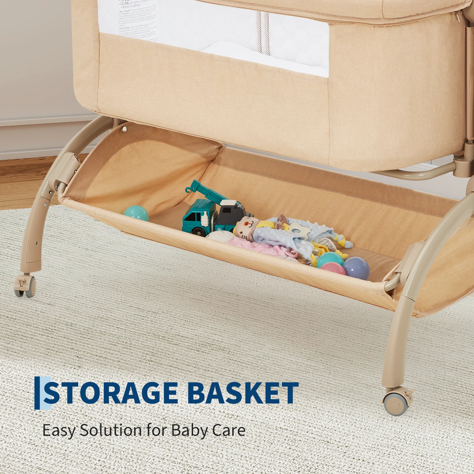 Garvee 3-in-1 Adjustable Bedside Baby Bassinet with Breathable Mesh, Wheels, Detachable Mosquito Net, Storage Basket and Collapsible Side for Newborns, Khaki - Image 6