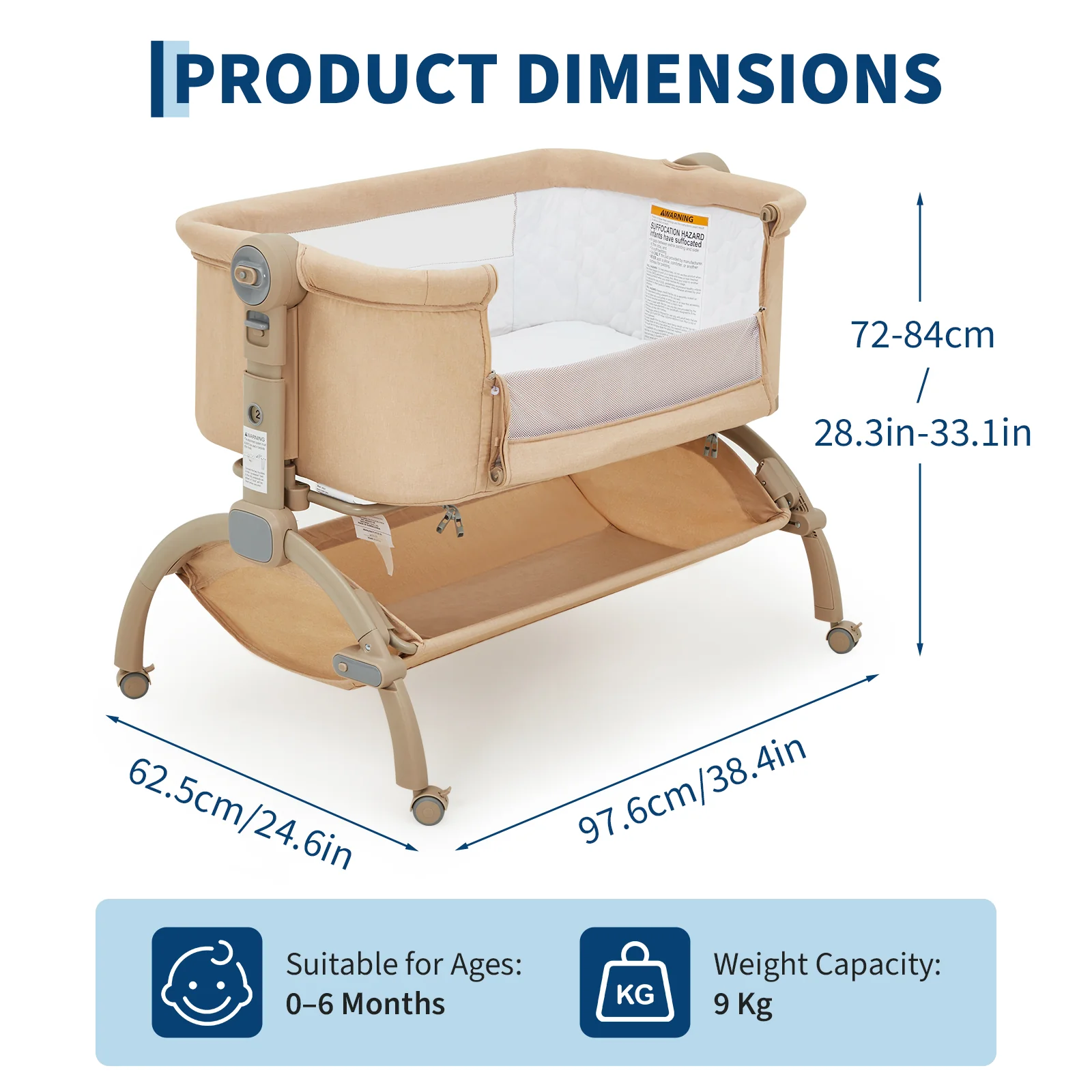 Garvee 3-in-1 Adjustable Bedside Baby Bassinet with Breathable Mesh, Wheels, Detachable Mosquito Net, Storage Basket and Collapsible Side for Newborns, Khaki - Image 7