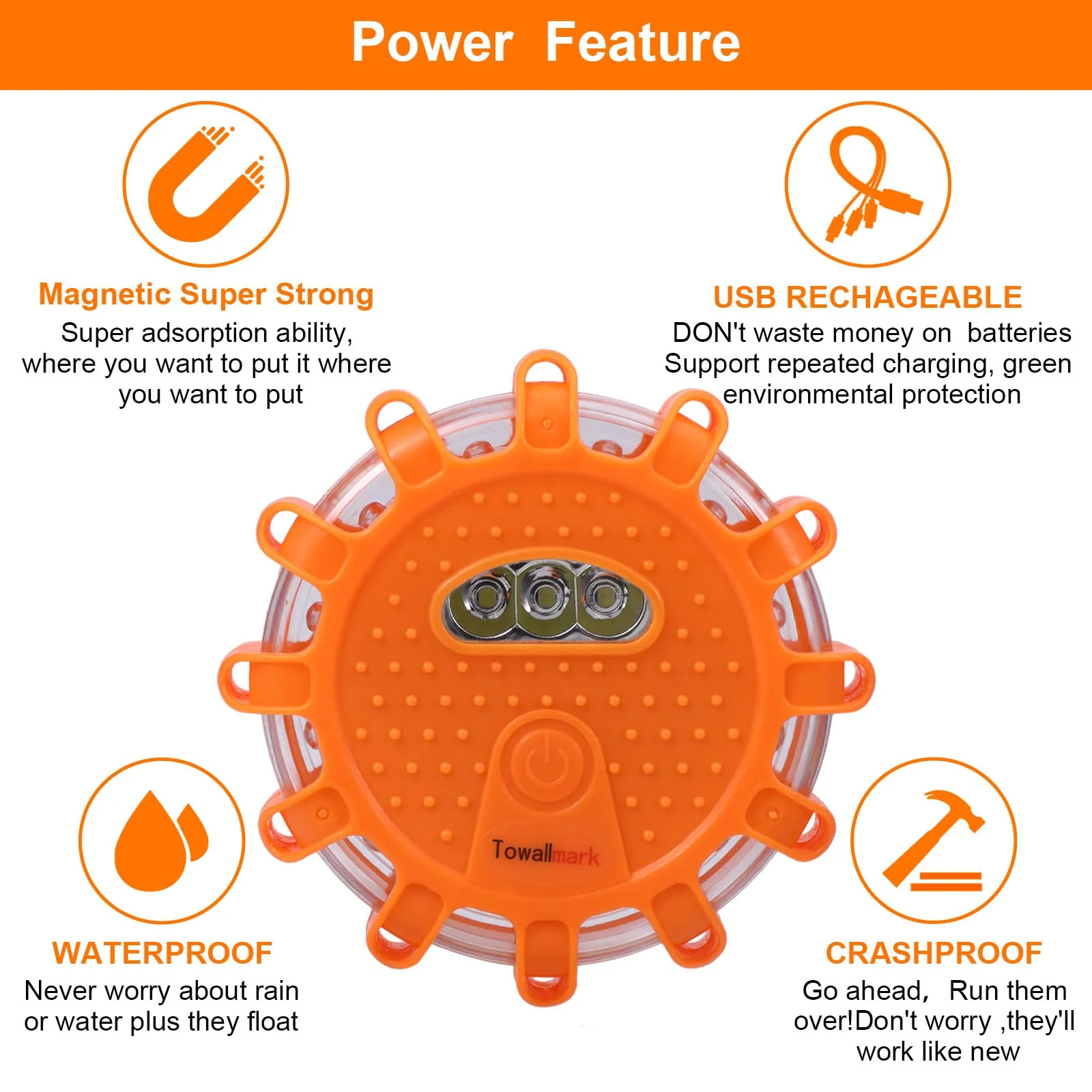 Garvee 3 Pack USB Rechargeable LED Road Flares Emergency Lights Roadside Safety Beacon Disc Flashing Warning Flare Kit with 1 USB Car Charger,Magnetic Base & Hook for Car Truck Boats (Batteries Included) - Image 4