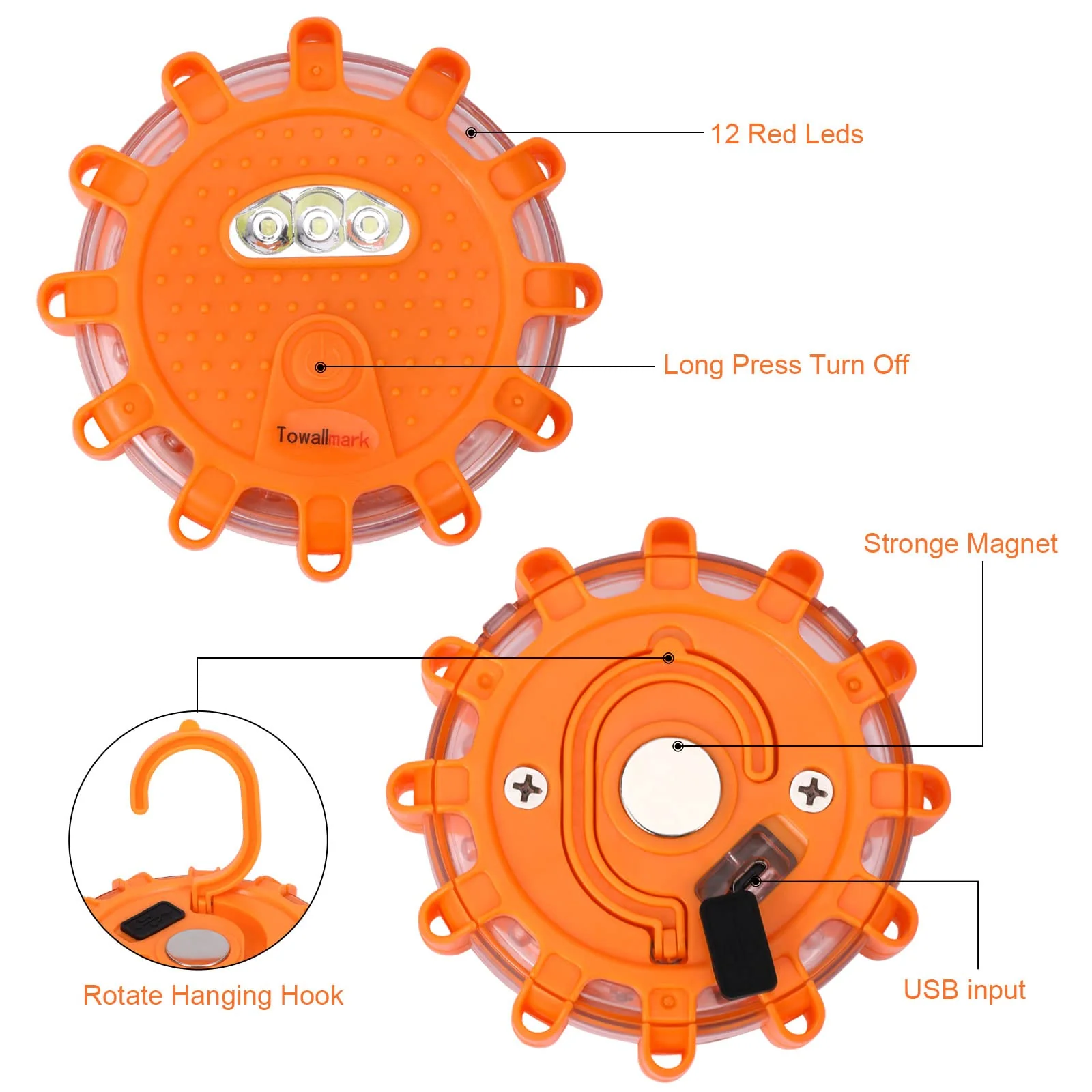 Garvee 3 Pack USB Rechargeable LED Road Flares Emergency Lights Roadside Safety Beacon Disc Flashing Warning Flare Kit with 1 USB Car Charger,Magnetic Base & Hook for Car Truck Boats (Batteries Included) - Image 8