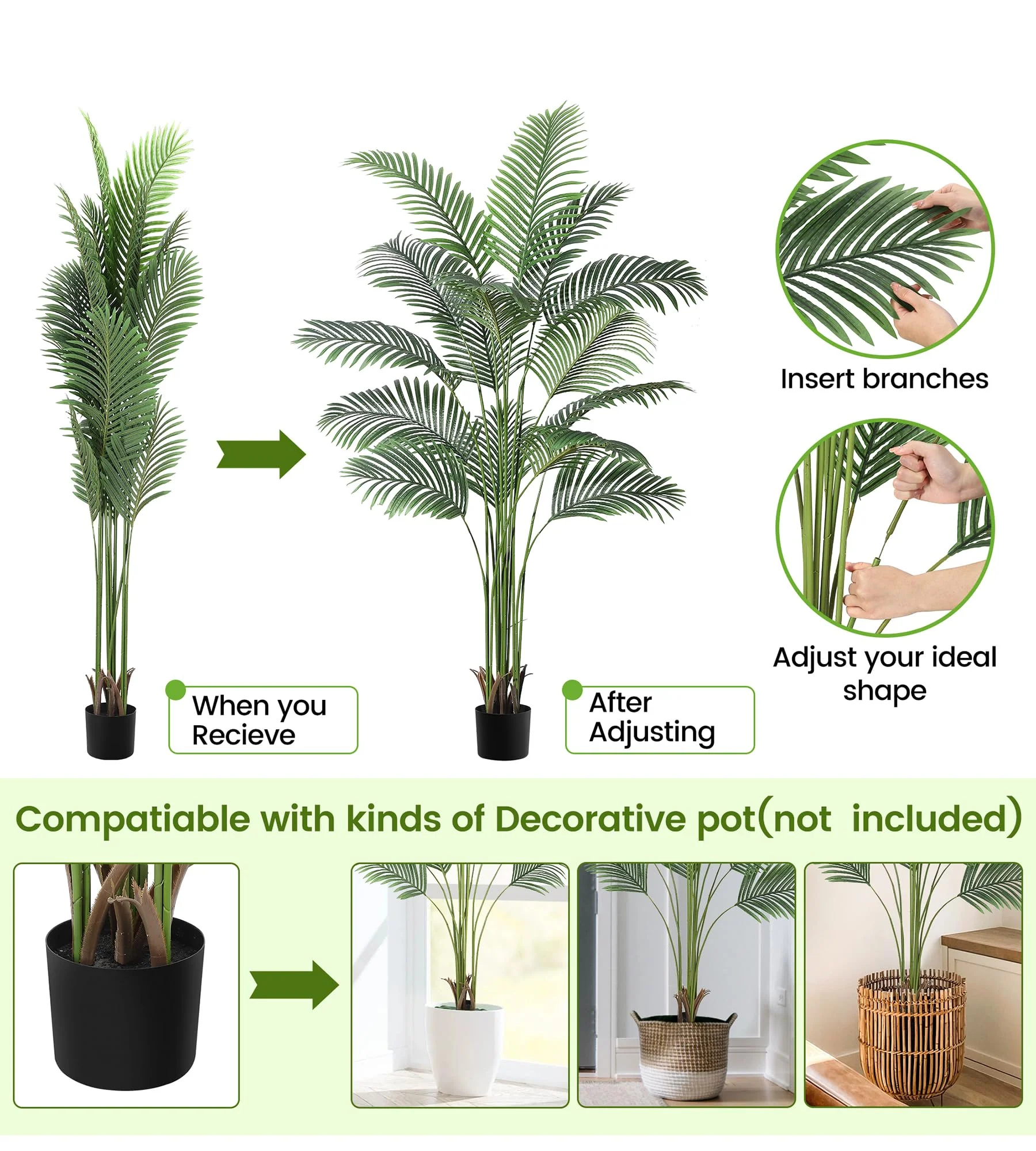Garvee 6ft Artificial Palm Tree with Straw Pot, Fake Areca Palm Plant Faux Tropical Palm Silk Plant with 15 Trunks House Plant for Indoor Outdoor Home Office Garden Decoration - Image 5