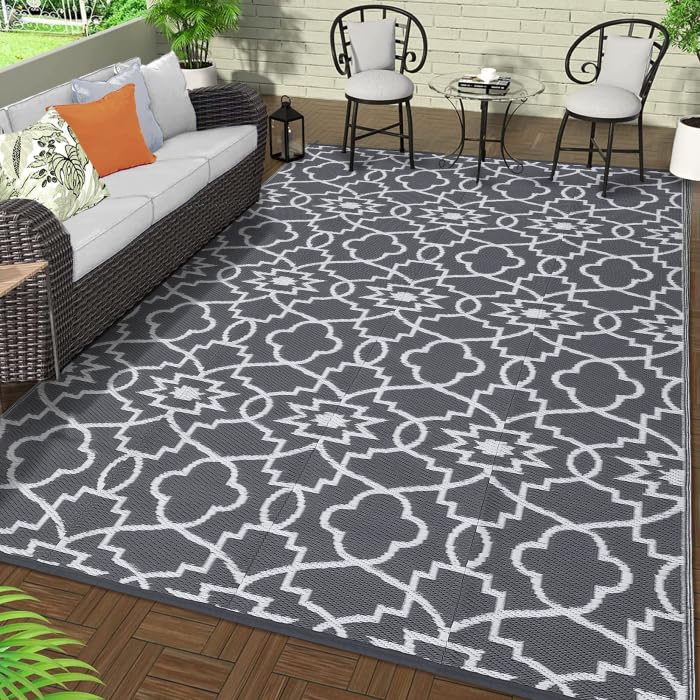 Garvee Outdoor Grey & White 8x10 Plastic Straw Rug, Waterproof Reversible Carpet for Camping, RV, Backyard, Deck, Beach - Image 6