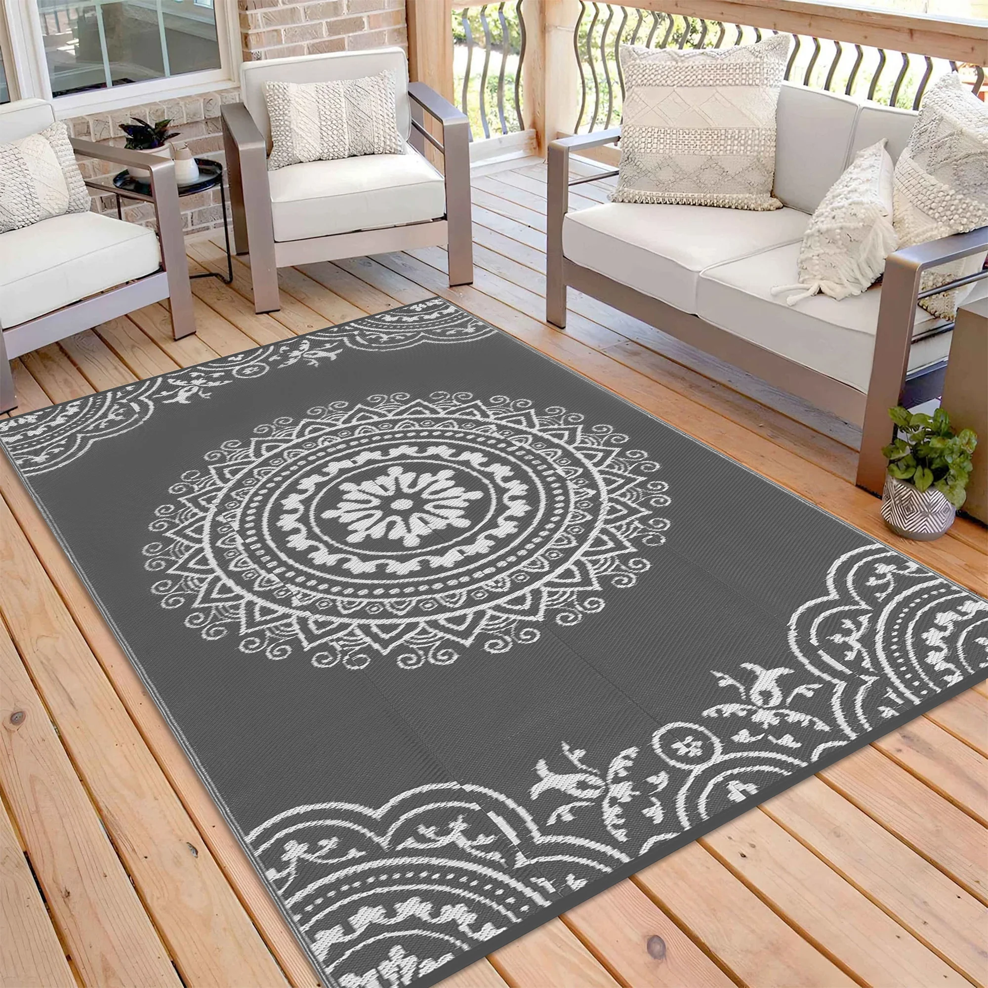 Garvee Outdoor Grey & White 8x10 Reversible Plastic Straw Rug - Durable, Weather-Resistant, Soft, Lightweight - Modern Outdoor Patio Mat for RV, Beach, Camping - Image 3