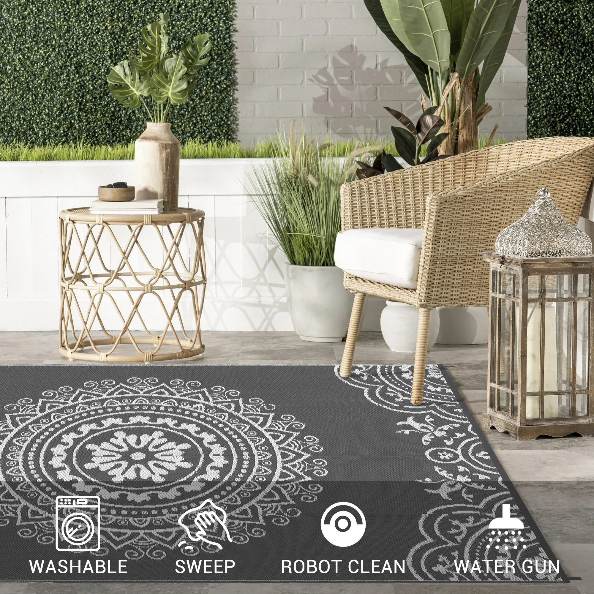 Garvee Outdoor Grey & White 8x10 Reversible Plastic Straw Rug - Durable, Weather-Resistant, Soft, Lightweight - Modern Outdoor Patio Mat for RV, Beach, Camping - Image 5