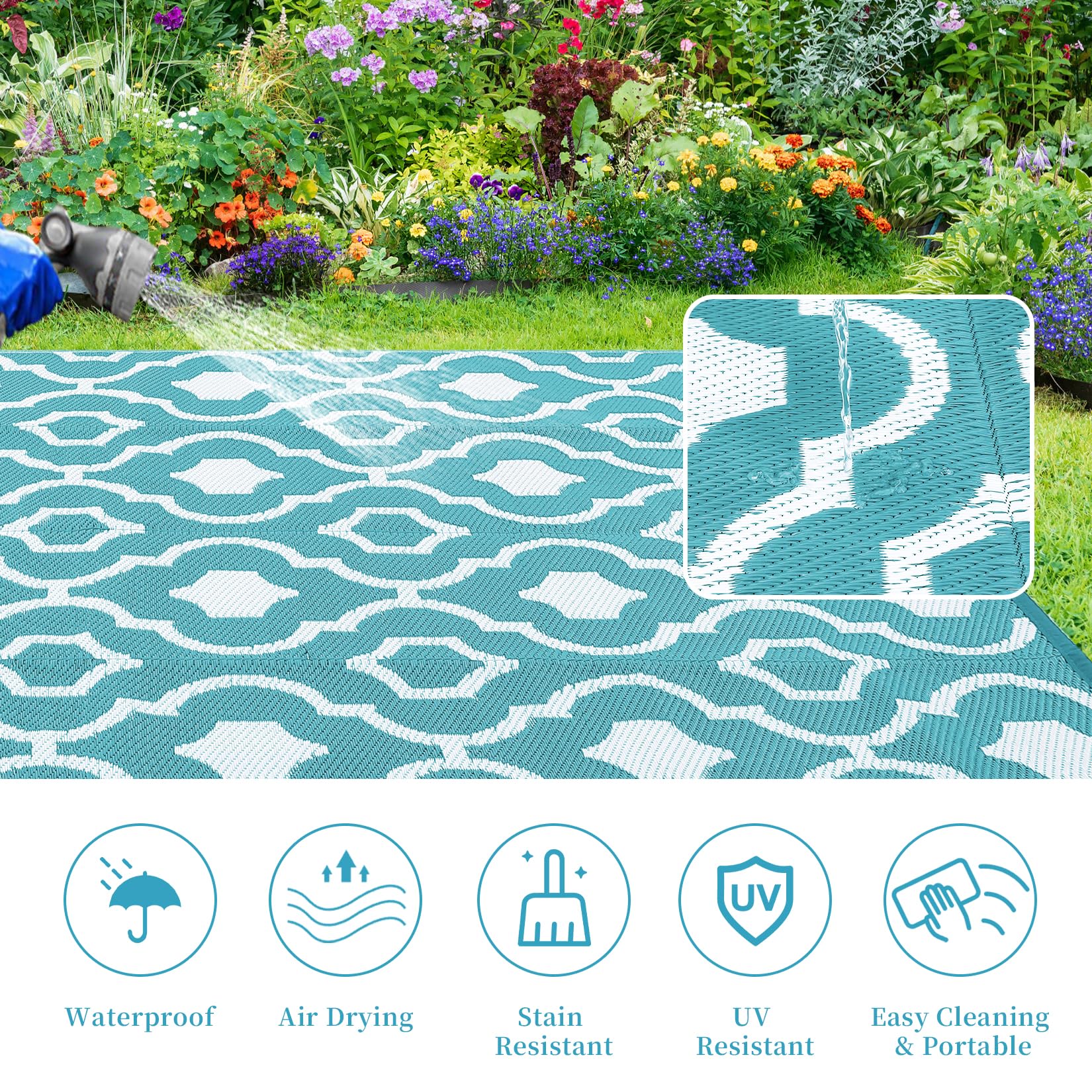 Garvee Outdoor Light Blue & White 8x10 Plastic Straw Rug, Waterproof UV Resistant Reversible Portable Carpet for Beach, Camping, Backyard, Balcony, RV, Patio - Image 4