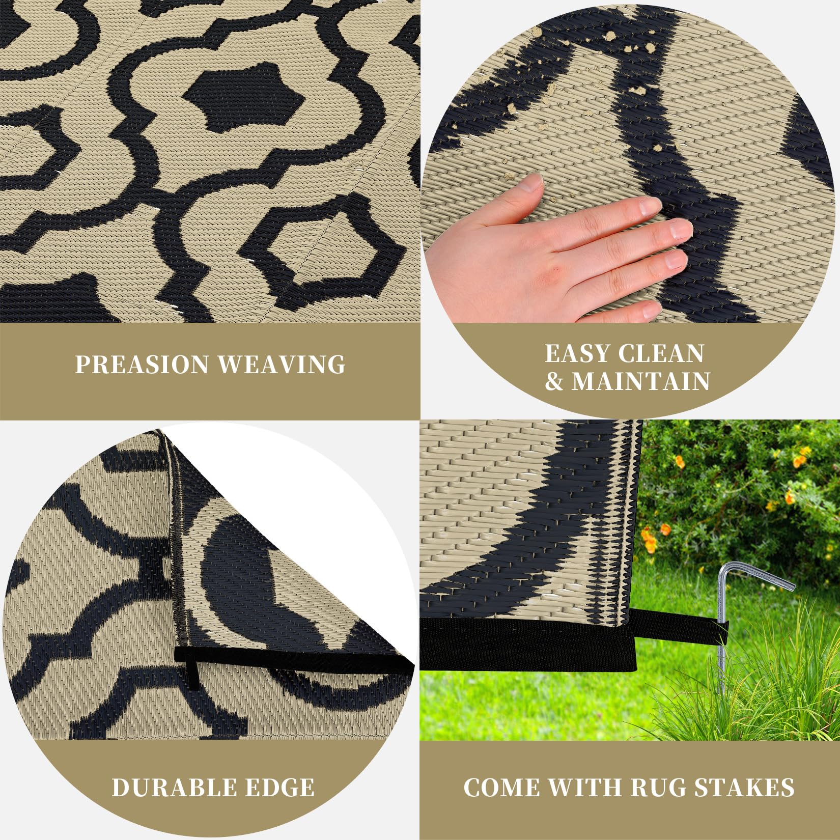 Garvee Outdoor Brown & Black 8x10 Plastic Straw Rug, Waterproof Reversible Portable Carpet for Camping, RV, Backyard, Patio, Balcony - Image 6