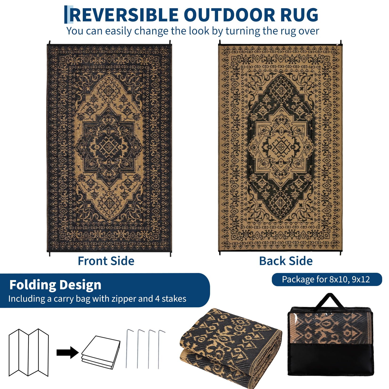 Garvee 8x10 Outdoor Rug Waterproof Reversible Plastic Straw Vintage Medallion Design Polypropylene Non-Slip Patio Camp RV Mat Balcony Deck - Image 3