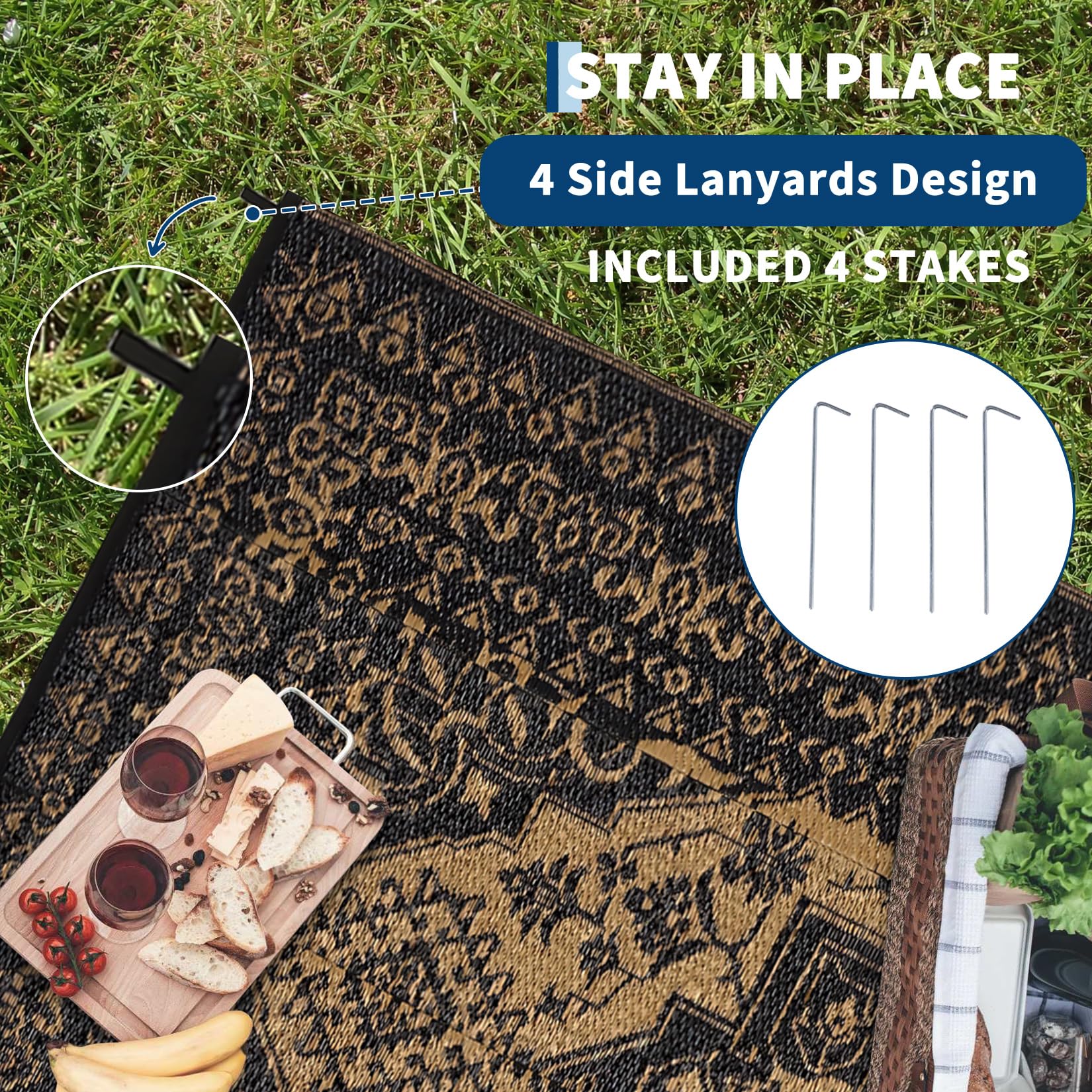 Garvee 8x10 Outdoor Rug Waterproof Reversible Plastic Straw Vintage Medallion Design Polypropylene Non-Slip Patio Camp RV Mat Balcony Deck - Image 5