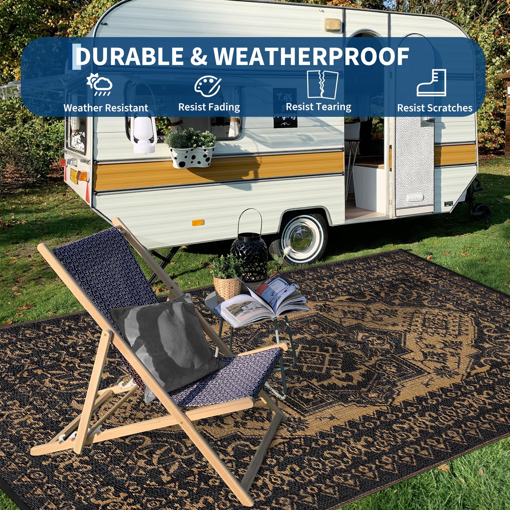 Garvee 8x10 Outdoor Rug Waterproof Reversible Plastic Straw Vintage Medallion Design Polypropylene Non-Slip Patio Camp RV Mat Balcony Deck - Image 6