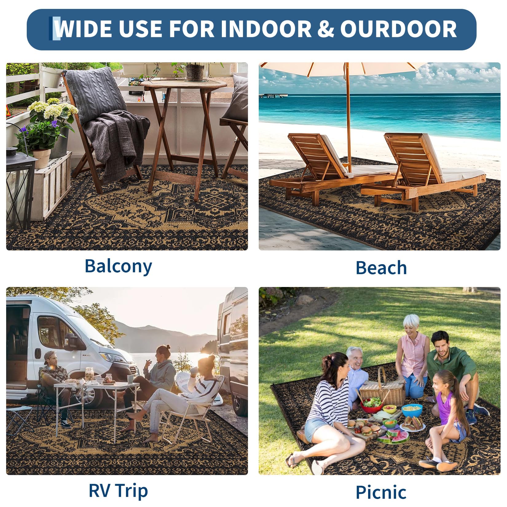 Garvee 8x10 Outdoor Rug Waterproof Reversible Plastic Straw Vintage Medallion Design Polypropylene Non-Slip Patio Camp RV Mat Balcony Deck - Image 8