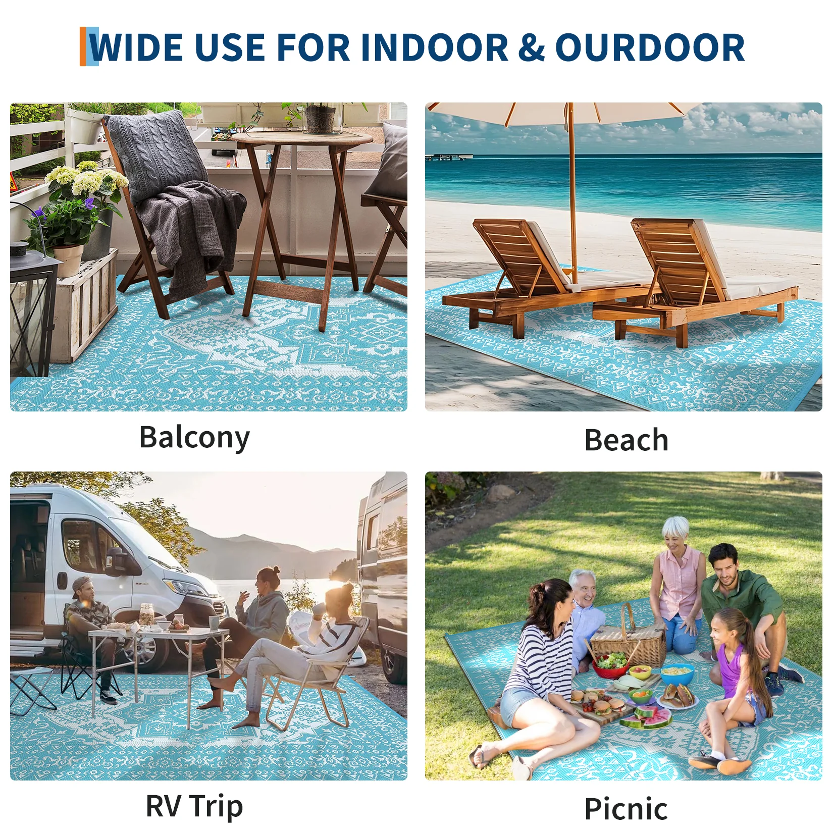 Garvee Outdoor Light Blue & White 8x10 Plastic Straw Rug, Waterproof Stain Resistant Reversible Carpet for Camping, Garden, Backyard, RV, Patio - Image 10