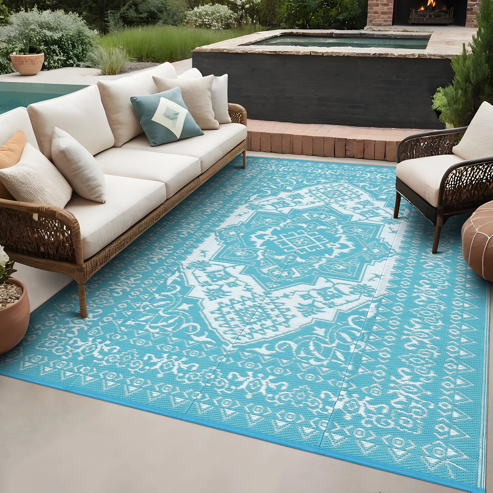 Garvee Outdoor Light Blue & White 8x10 Plastic Straw Rug, Waterproof Stain Resistant Reversible Carpet for Camping, Garden, Backyard, RV, Patio - Image 15