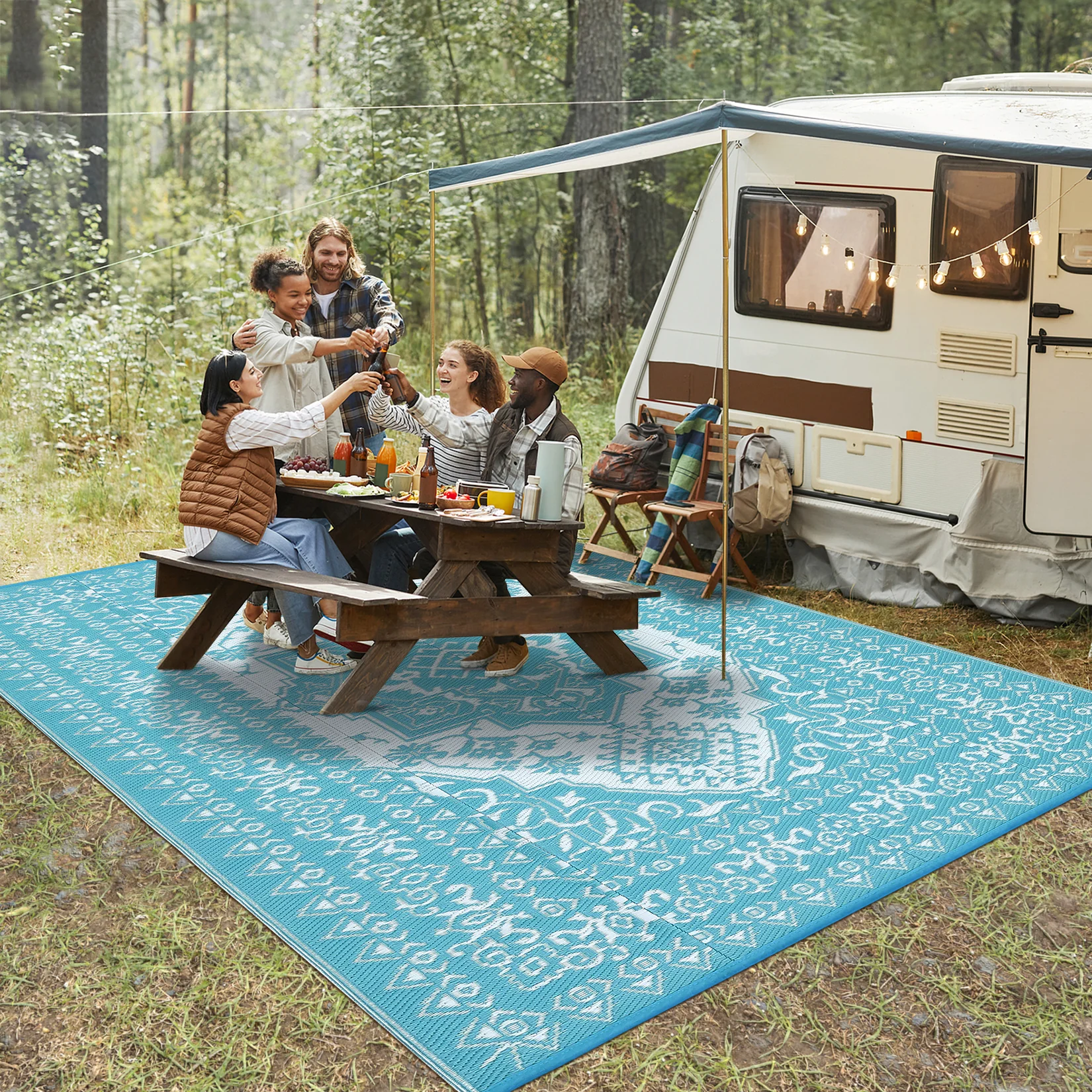 Garvee Outdoor Light Blue & White 8x10 Plastic Straw Rug, Waterproof Stain Resistant Reversible Carpet for Camping, Garden, Backyard, RV, Patio - Image 16