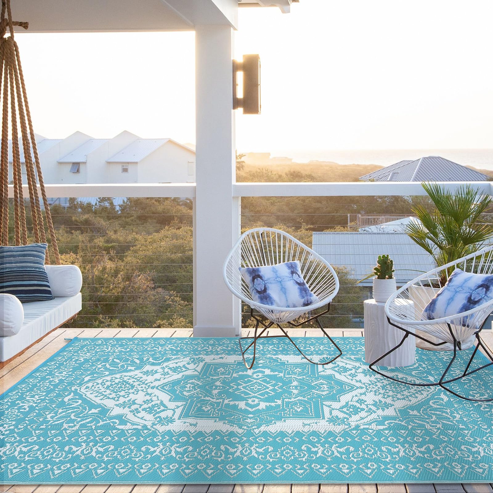 Garvee Outdoor Light Blue & White 8x10 Plastic Straw Rug, Waterproof Stain Resistant Reversible Carpet for Camping, Garden, Backyard, RV, Patio - Image 18