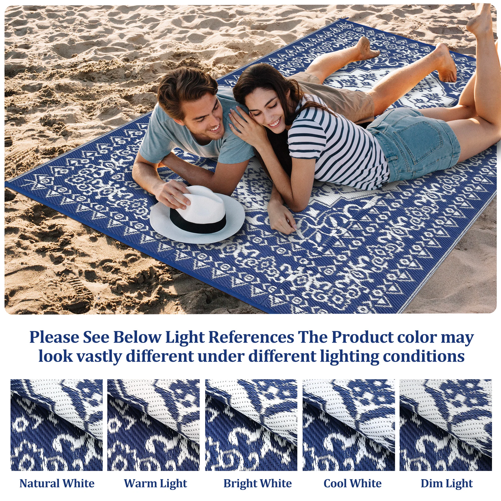 Garvee Outdoor Navy Blue & White 8x10 Plastic Straw Rug, Waterproof Stain Resistant Reversible Carpet for Camping, Backyard, RV, Patio - Image 11