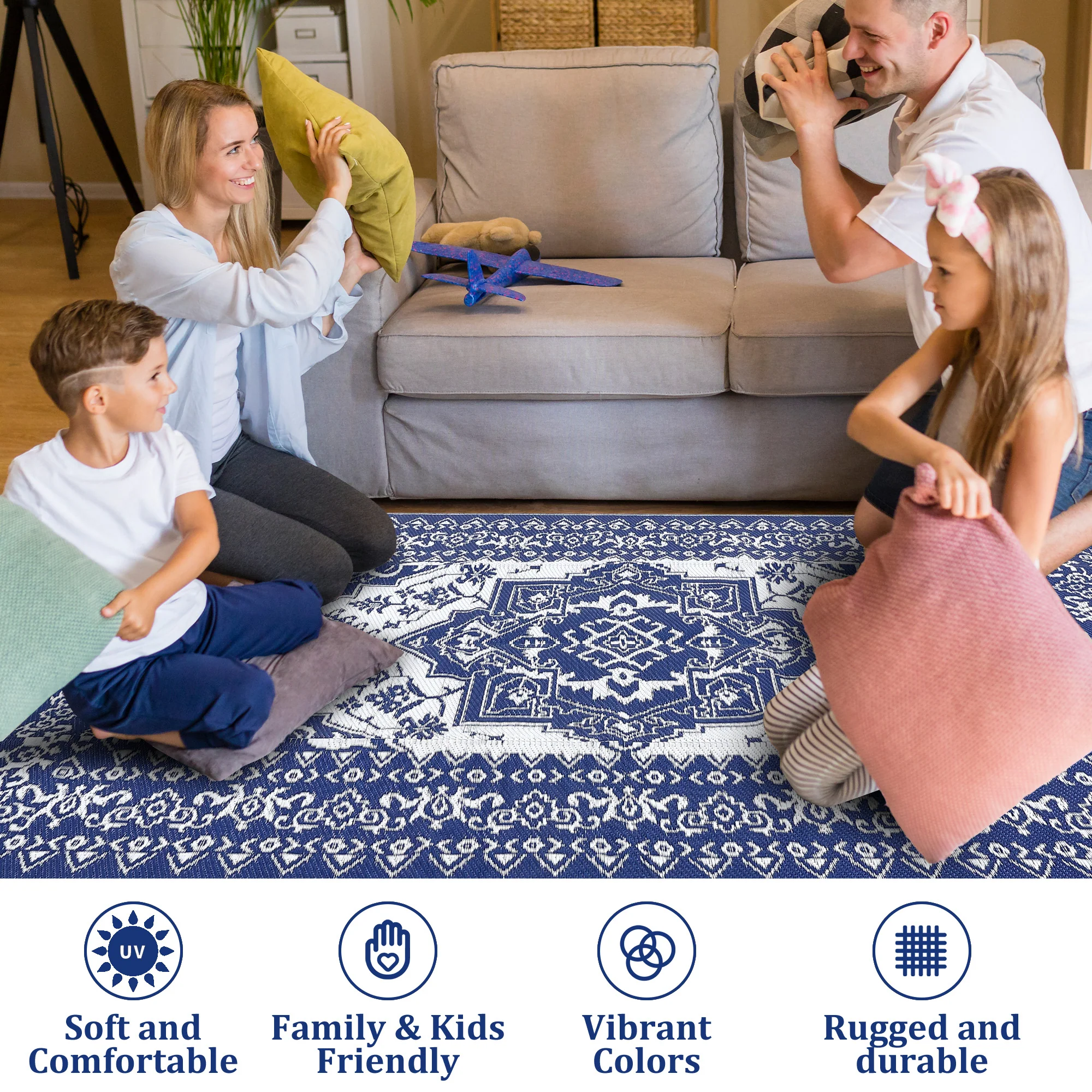 Garvee Outdoor Navy Blue & White 8x10 Plastic Straw Rug, Waterproof Stain Resistant Reversible Carpet for Camping, Backyard, RV, Patio - Image 5