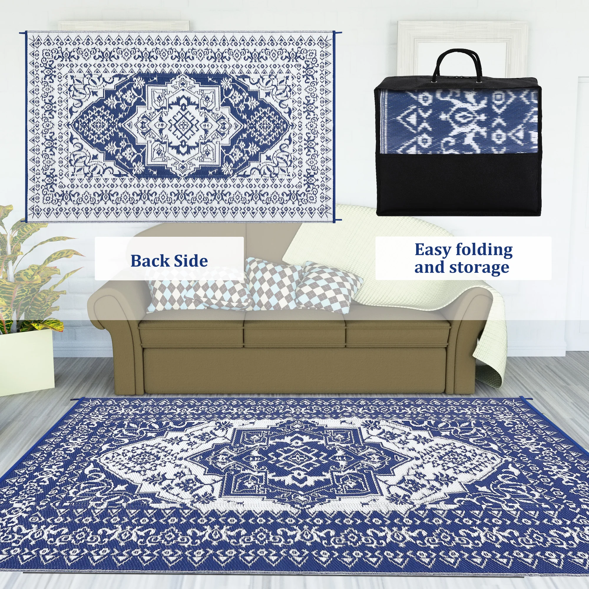 Garvee Outdoor Navy Blue & White 8x10 Plastic Straw Rug, Waterproof Stain Resistant Reversible Carpet for Camping, Backyard, RV, Patio - Image 6