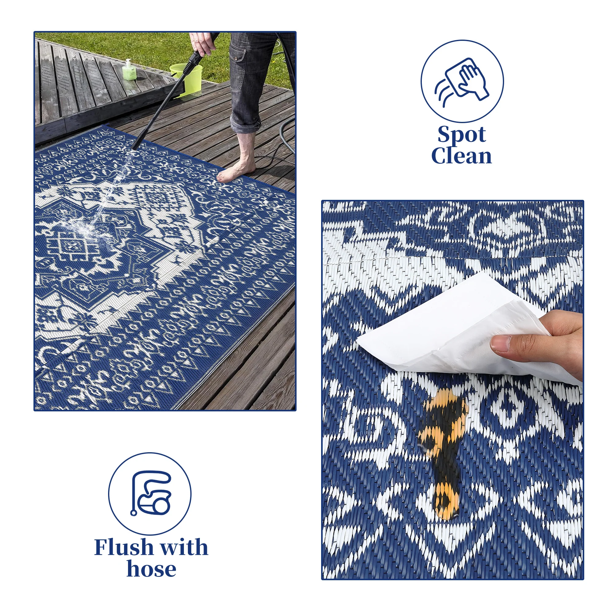 Garvee Outdoor Navy Blue & White 8x10 Plastic Straw Rug, Waterproof Stain Resistant Reversible Carpet for Camping, Backyard, RV, Patio - Image 7
