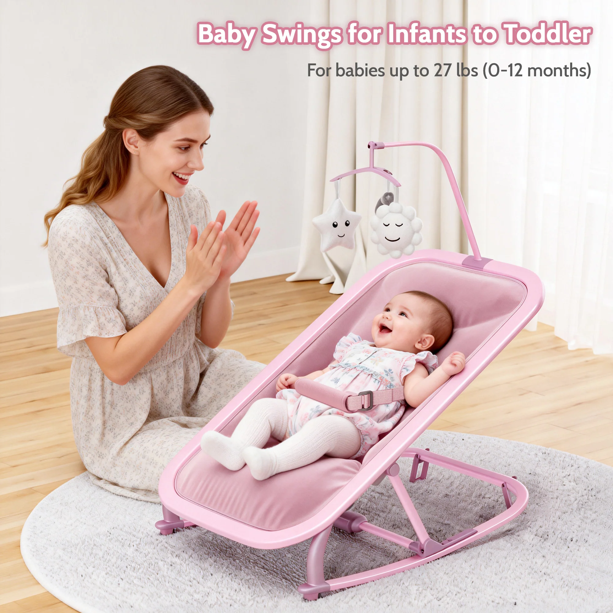 Garvee Aluminum Frame Baby Swing in Adjustable 3-Position Design with Toy Bar, Forward & Back Rocking and Lockable Stationary Mode for Infants, Pink - Image 3