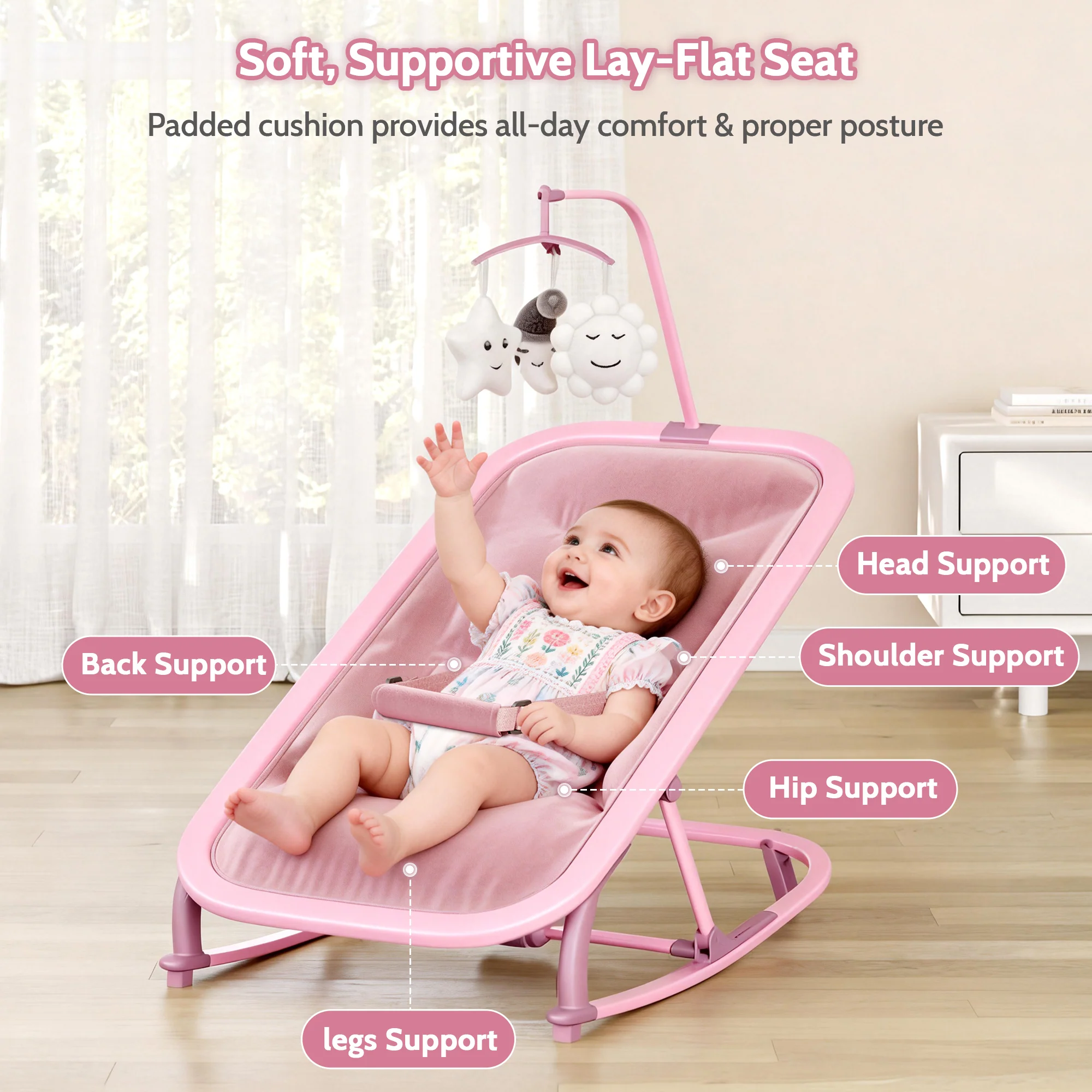 Garvee Aluminum Frame Baby Swing in Adjustable 3-Position Design with Toy Bar, Forward & Back Rocking and Lockable Stationary Mode for Infants, Pink - Image 4
