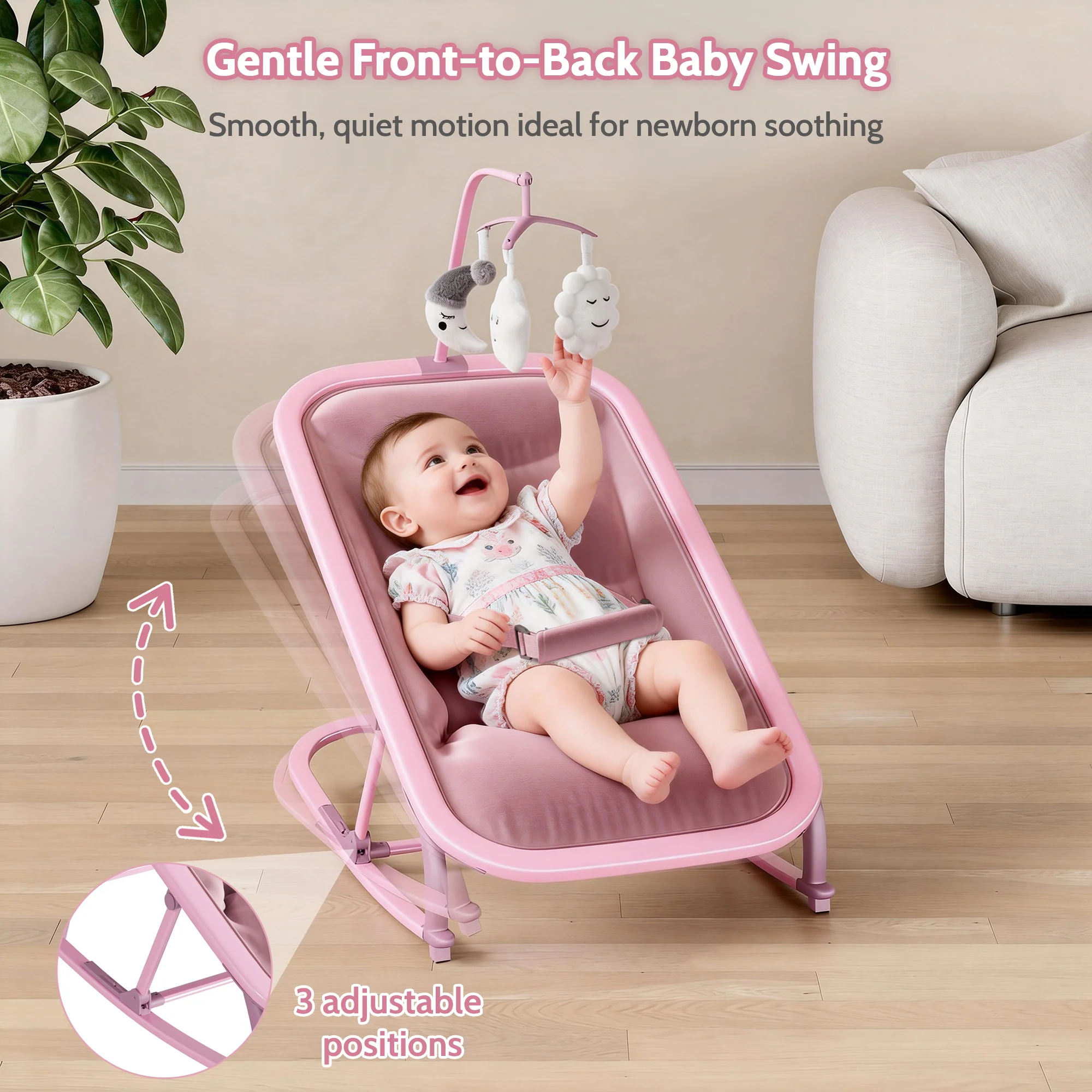 Garvee Aluminum Frame Baby Swing in Adjustable 3-Position Design with Toy Bar, Forward & Back Rocking and Lockable Stationary Mode for Infants, Pink - Image 5