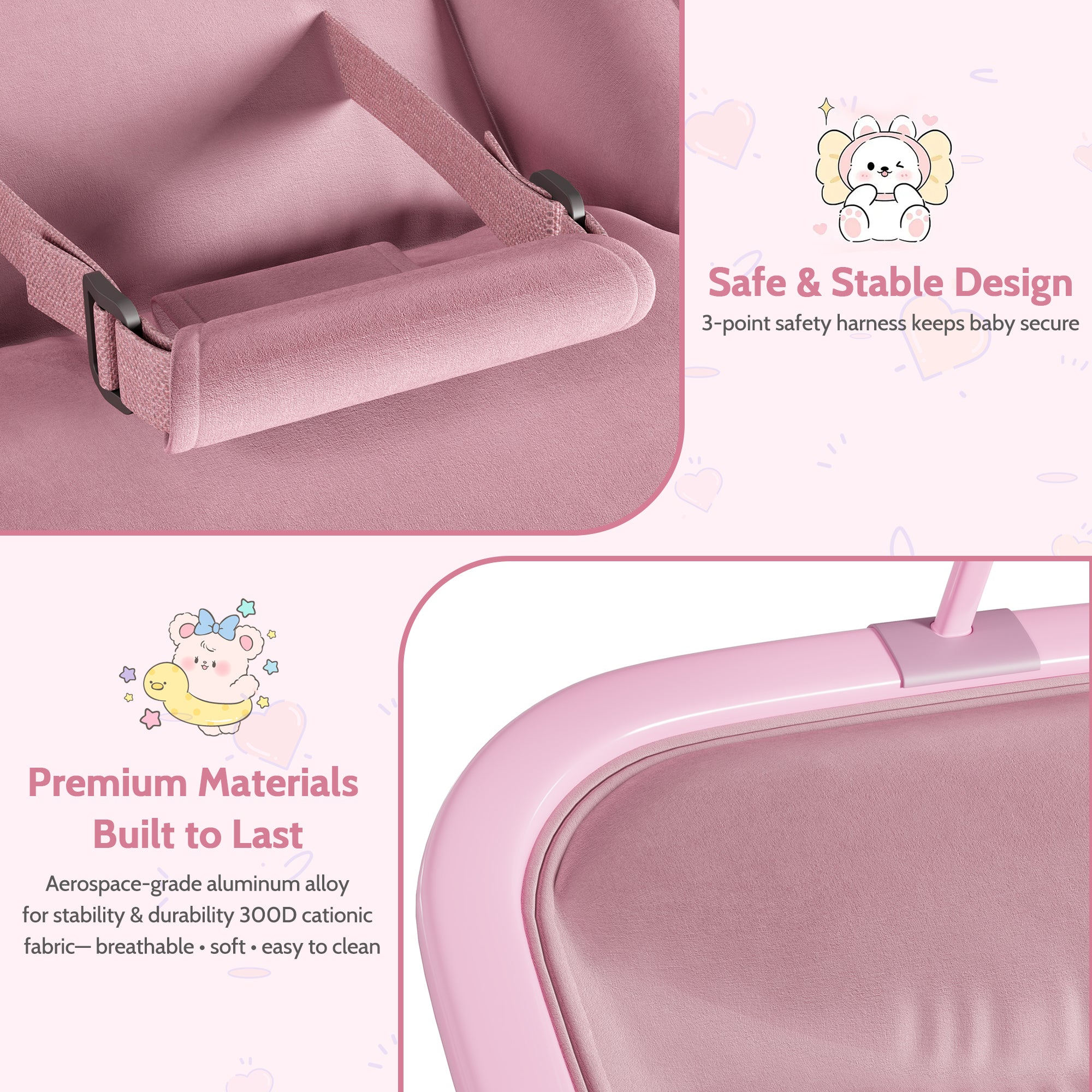 Garvee Aluminum Frame Baby Swing in Adjustable 3-Position Design with Toy Bar, Forward & Back Rocking and Lockable Stationary Mode for Infants, Pink - Image 6