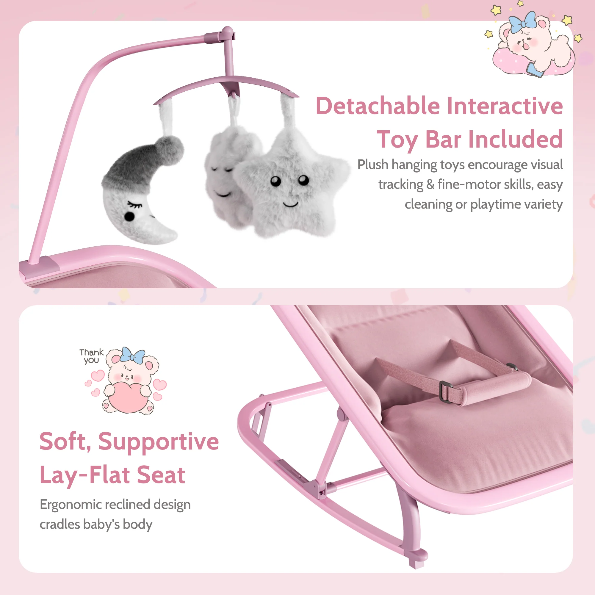 Garvee Aluminum Frame Baby Swing in Adjustable 3-Position Design with Toy Bar, Forward & Back Rocking and Lockable Stationary Mode for Infants, Pink - Image 7