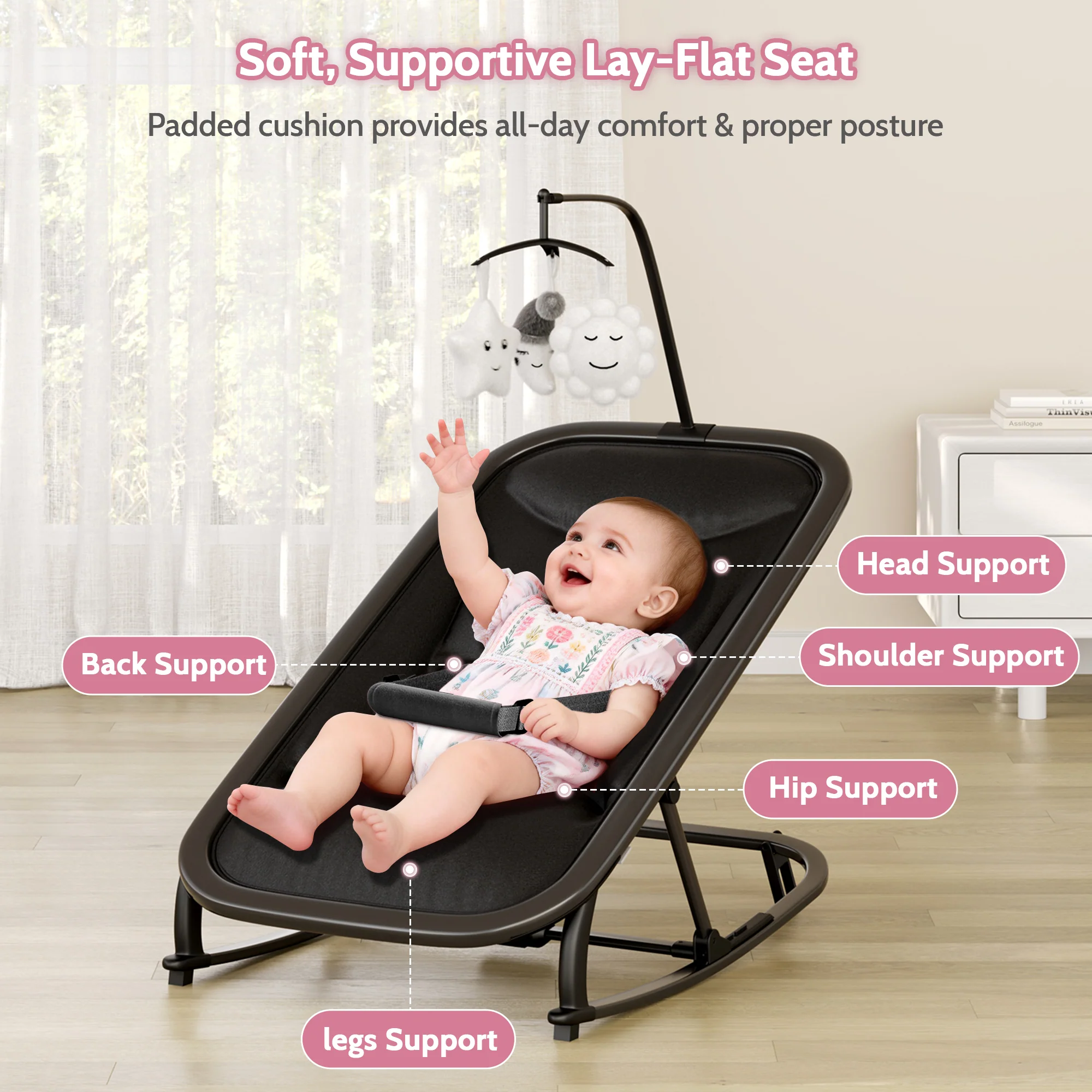 Garvee Aluminum Frame Baby Swing in Adjustable 3-Position Design with Toy Bar, Forward & Back Rocking and Lockable Stationary Mode for Infants, Black - Image 4