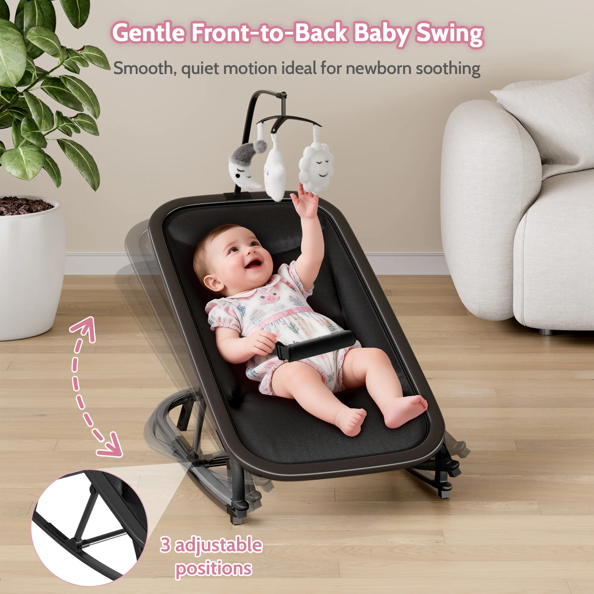 Garvee Aluminum Frame Baby Swing in Adjustable 3-Position Design with Toy Bar, Forward & Back Rocking and Lockable Stationary Mode for Infants, Black - Image 5