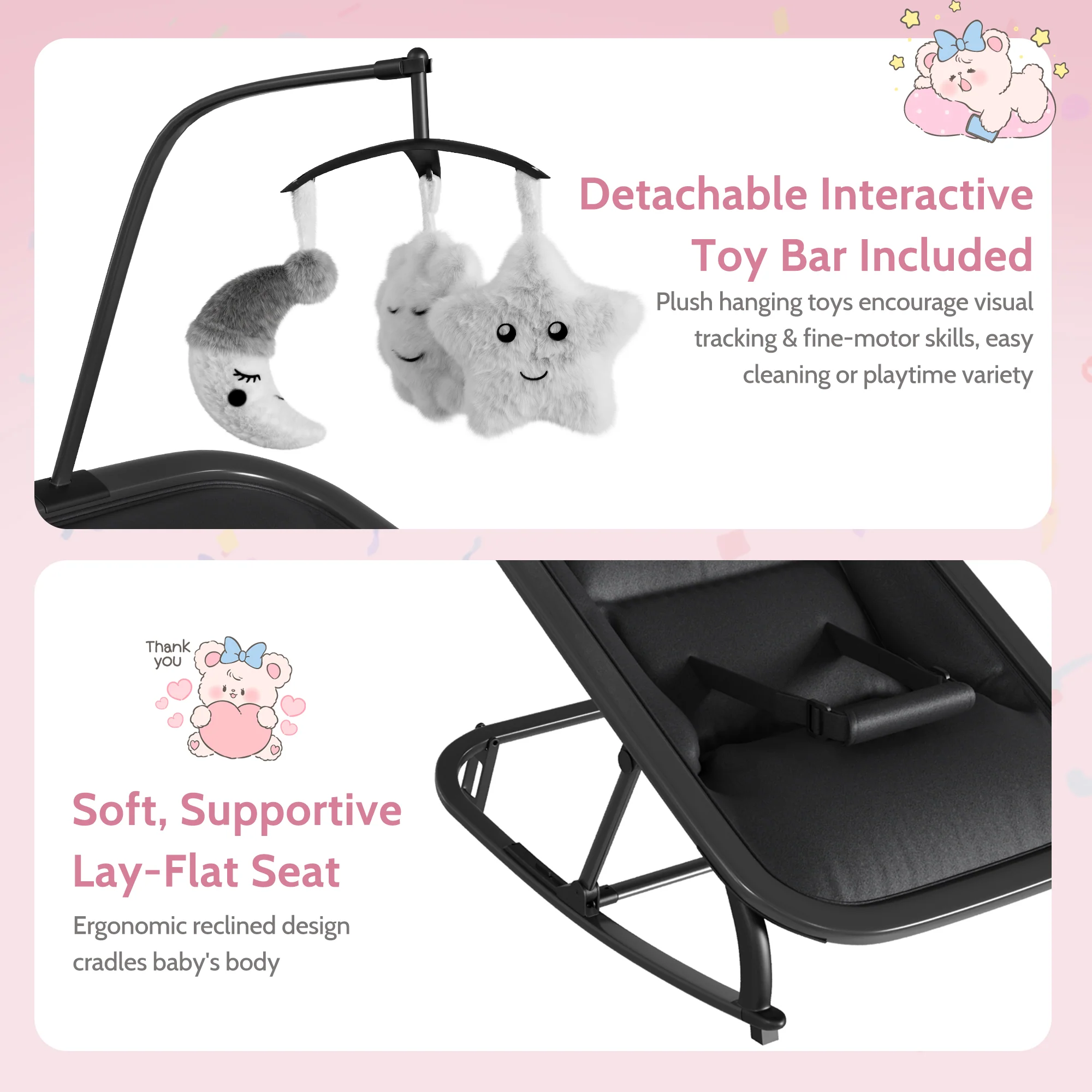 Garvee Aluminum Frame Baby Swing in Adjustable 3-Position Design with Toy Bar, Forward & Back Rocking and Lockable Stationary Mode for Infants, Black - Image 7