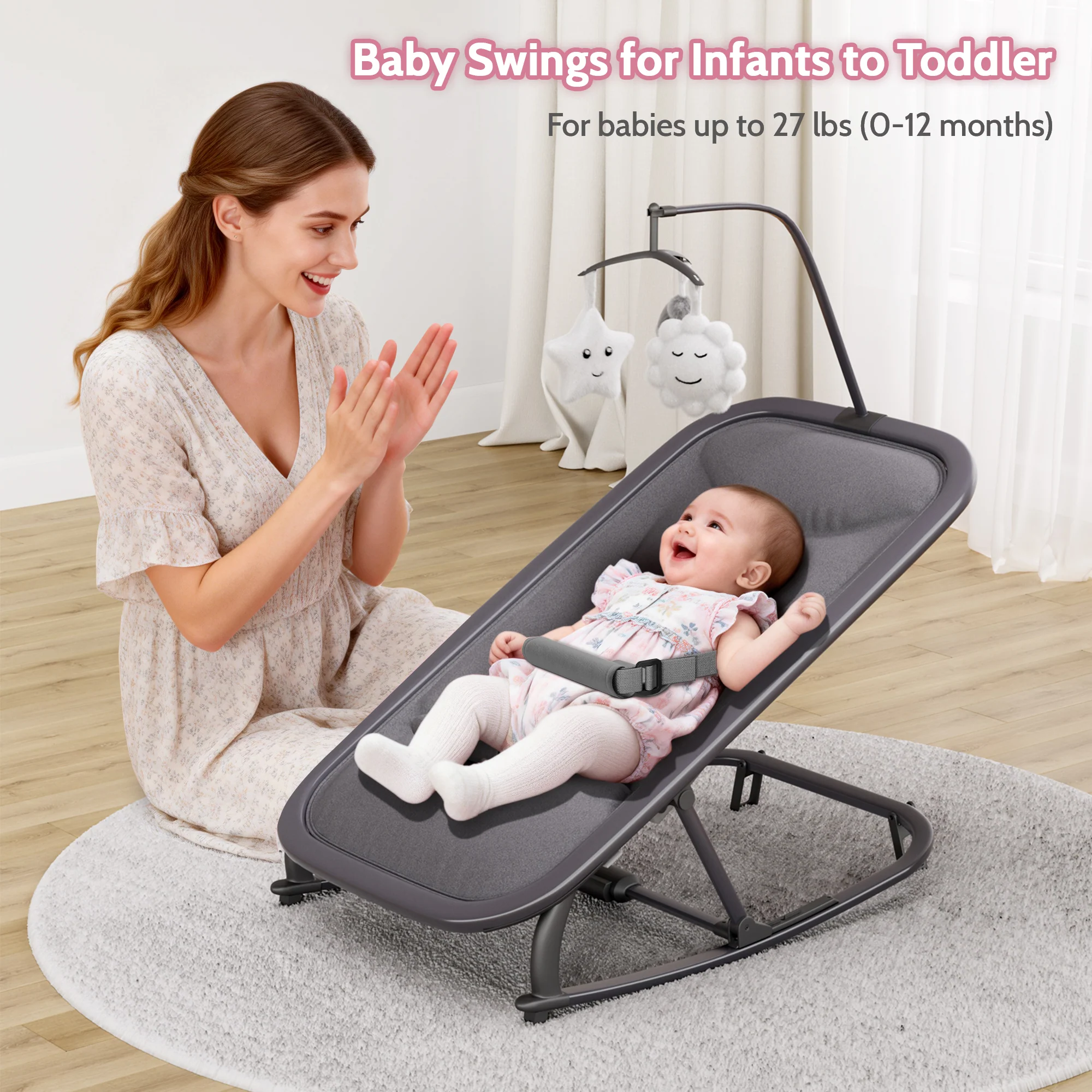 Garvee Aluminum Frame Baby Swing in Adjustable 3-Position Design with Toy Bar, Forward & Back Rocking and Lockable Stationary Mode for Infants, Grey - Image 3