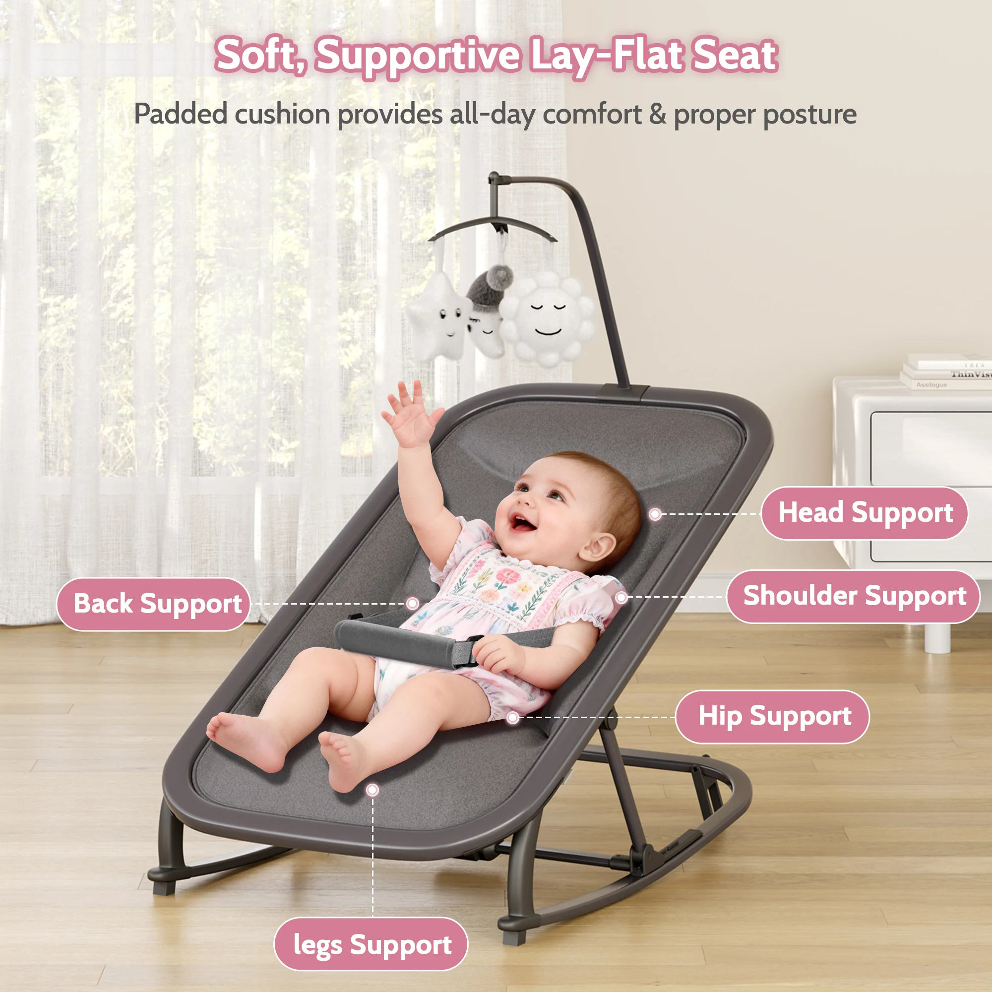 Garvee Aluminum Frame Baby Swing in Adjustable 3-Position Design with Toy Bar, Forward & Back Rocking and Lockable Stationary Mode for Infants, Grey - Image 4