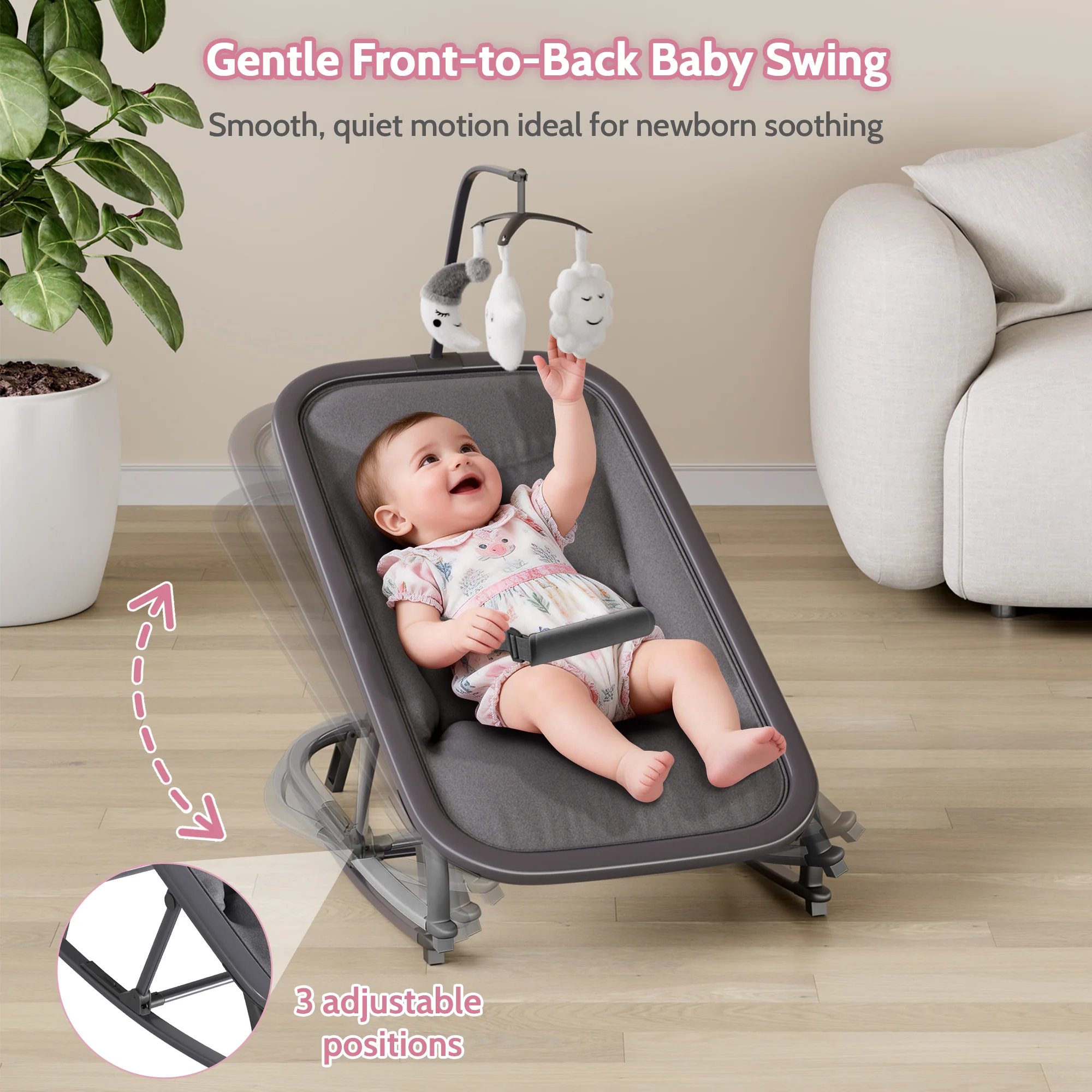 Garvee Aluminum Frame Baby Swing in Adjustable 3-Position Design with Toy Bar, Forward & Back Rocking and Lockable Stationary Mode for Infants, Grey - Image 5