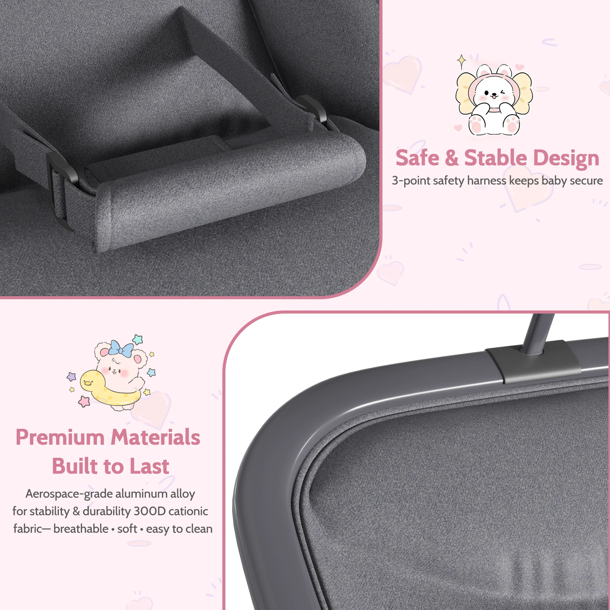 Garvee Aluminum Frame Baby Swing in Adjustable 3-Position Design with Toy Bar, Forward & Back Rocking and Lockable Stationary Mode for Infants, Grey - Image 6