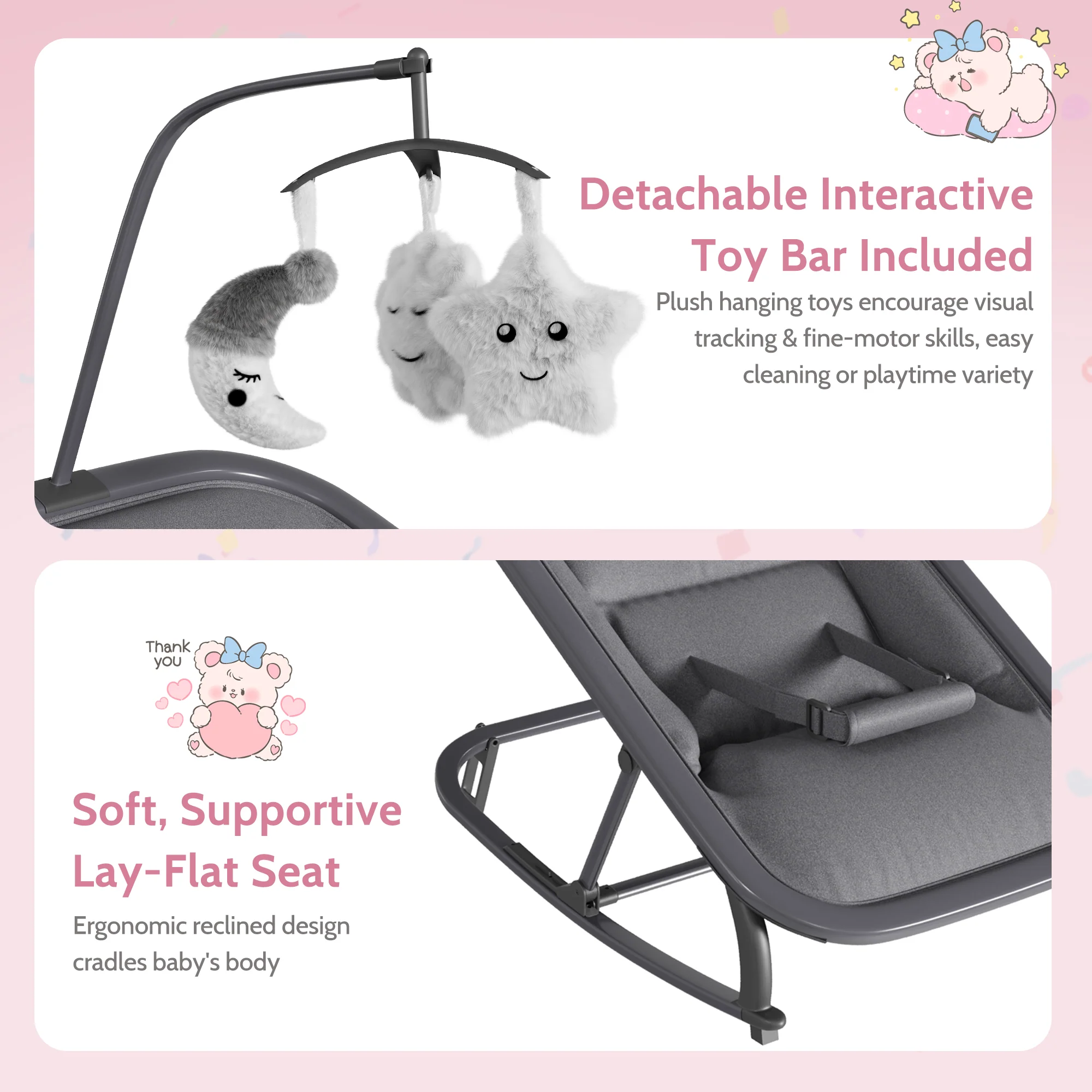 Garvee Aluminum Frame Baby Swing in Adjustable 3-Position Design with Toy Bar, Forward & Back Rocking and Lockable Stationary Mode for Infants, Grey - Image 7