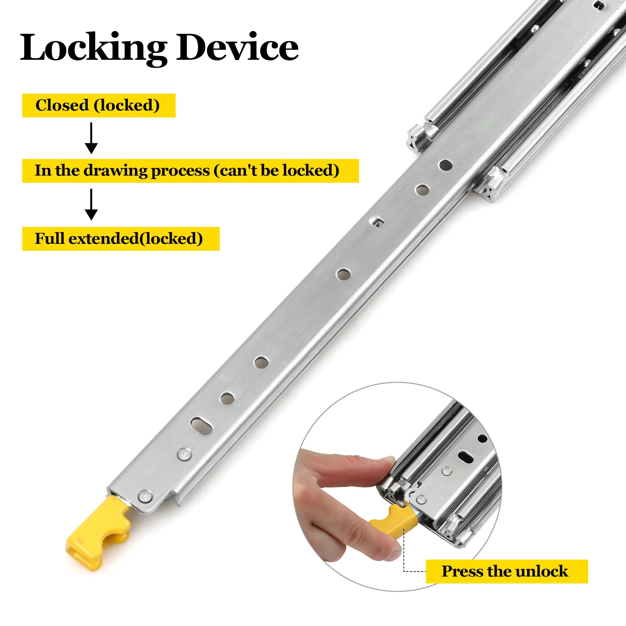 Garvee Heavy Duty Drawer Slides, 18 20 22 24 26 28 30 32 34 36 38 40 44 48 60 Inch 500 Lbs Load Capacity Drawer Slides, Ball Bearing Lock-in & Lock-Out, 3-Fold Full Extension with Lock - Image 5