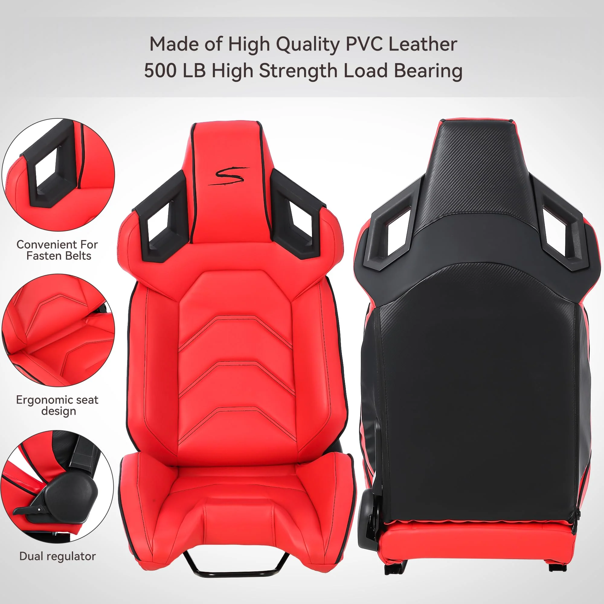 Garvee 1 Piece Universal Racing Seats with Dual Lock Sliders, PU Leather, Racing Bucket Seats, 23.6"×19.7"×37.4", Red+Black Stitching Racing Seat, Driver Side - Image 3