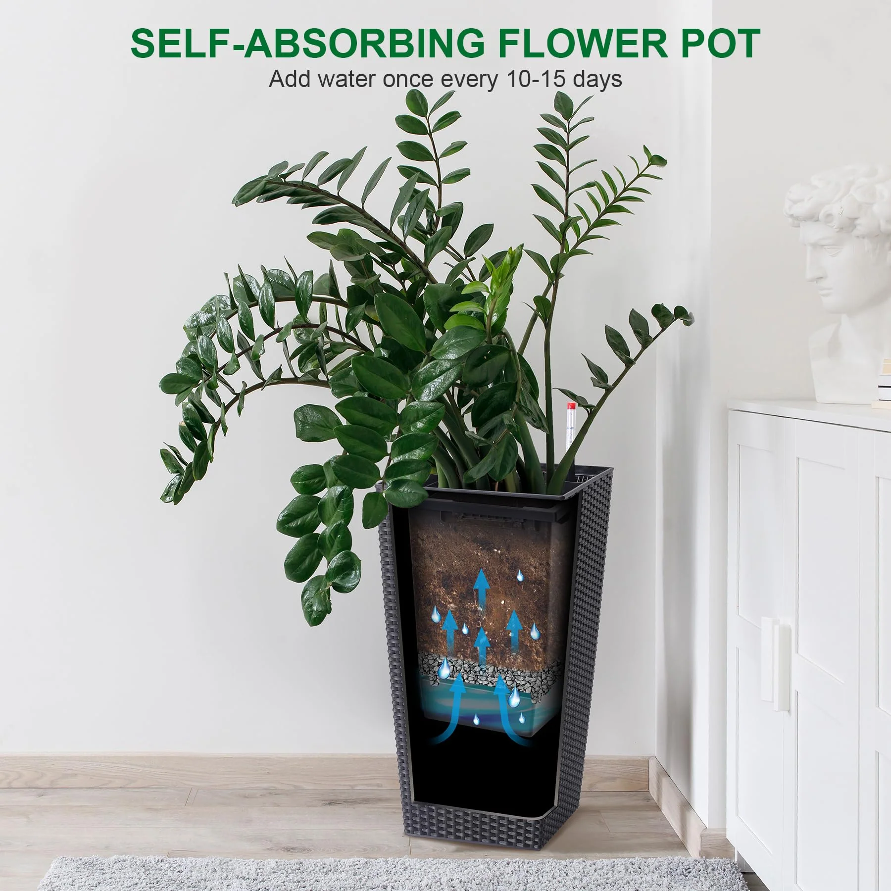 Garvee 23" Tall Planters Set of 2, Outdoor&Indoor Planter Pots, High Front Porch Planter Pots with Drainage Holes&Water Level Monitor&Inner Bucket, Automatic Watering, Convenience Instill, Black - Image 3