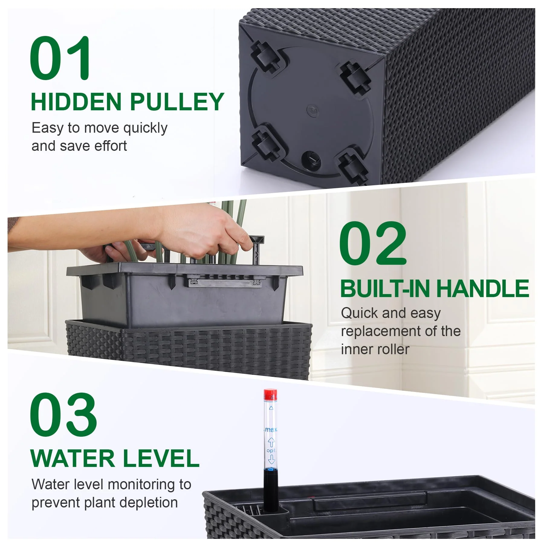 Garvee 23" Tall Planters Set of 2, Outdoor&Indoor Planter Pots, High Front Porch Planter Pots with Drainage Holes&Water Level Monitor&Inner Bucket, Automatic Watering, Convenience Instill, Black - Image 5