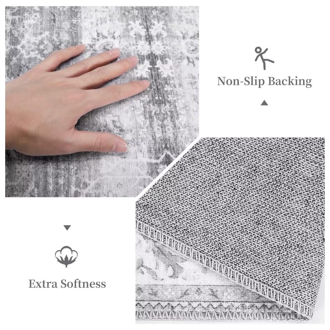 Garvee Area Rug 4x6 Distressed Floral Pattern Area Rugs Machine Washable Rug Indoor Floor Cover Carpet Rug Soft Velvet Mat Foldable Accent Rug for Living Room Bedroom Dining Room, 4'x6', Grey - Image 3