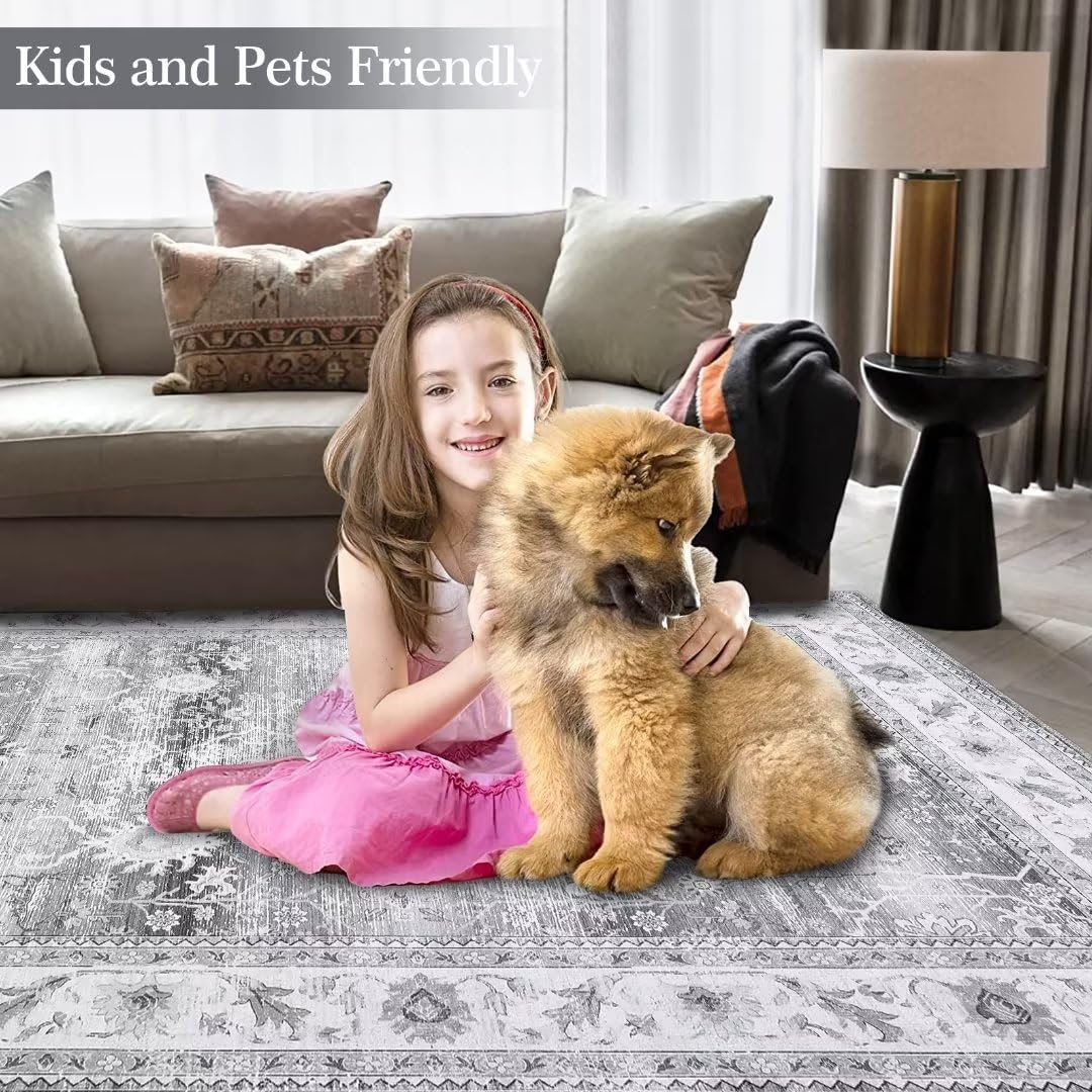 Garvee Area Rug 4x6 Distressed Floral Pattern Area Rugs Machine Washable Rug Indoor Floor Cover Carpet Rug Soft Velvet Mat Foldable Accent Rug for Living Room Bedroom Dining Room, 4'x6', Grey - Image 5