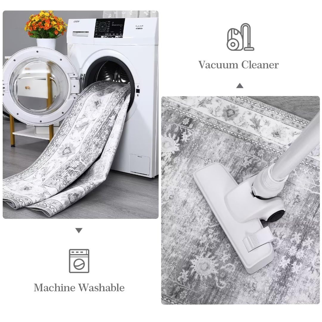 Garvee Area Rug 4x6 Distressed Floral Pattern Area Rugs Machine Washable Rug Indoor Floor Cover Carpet Rug Soft Velvet Mat Foldable Accent Rug for Living Room Bedroom Dining Room, 4'x6', Grey - Image 6