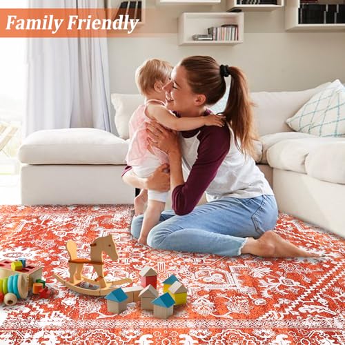 Garvee Area Rug 4x6 Vintage Rug Non Slip Washable Rug Non Shedding Distressed Rug Low Pile Throw Rug Foldable Accent Rug for Bedroom Nursery Living Room, Orange - Image 6