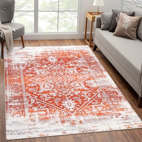 Garvee Area Rug 4x6 Vintage Rug Non Slip Washable Rug Non Shedding Distressed Rug Low Pile Throw Rug Foldable Accent Rug for Bedroom Nursery Living Room, Orange - Image 7